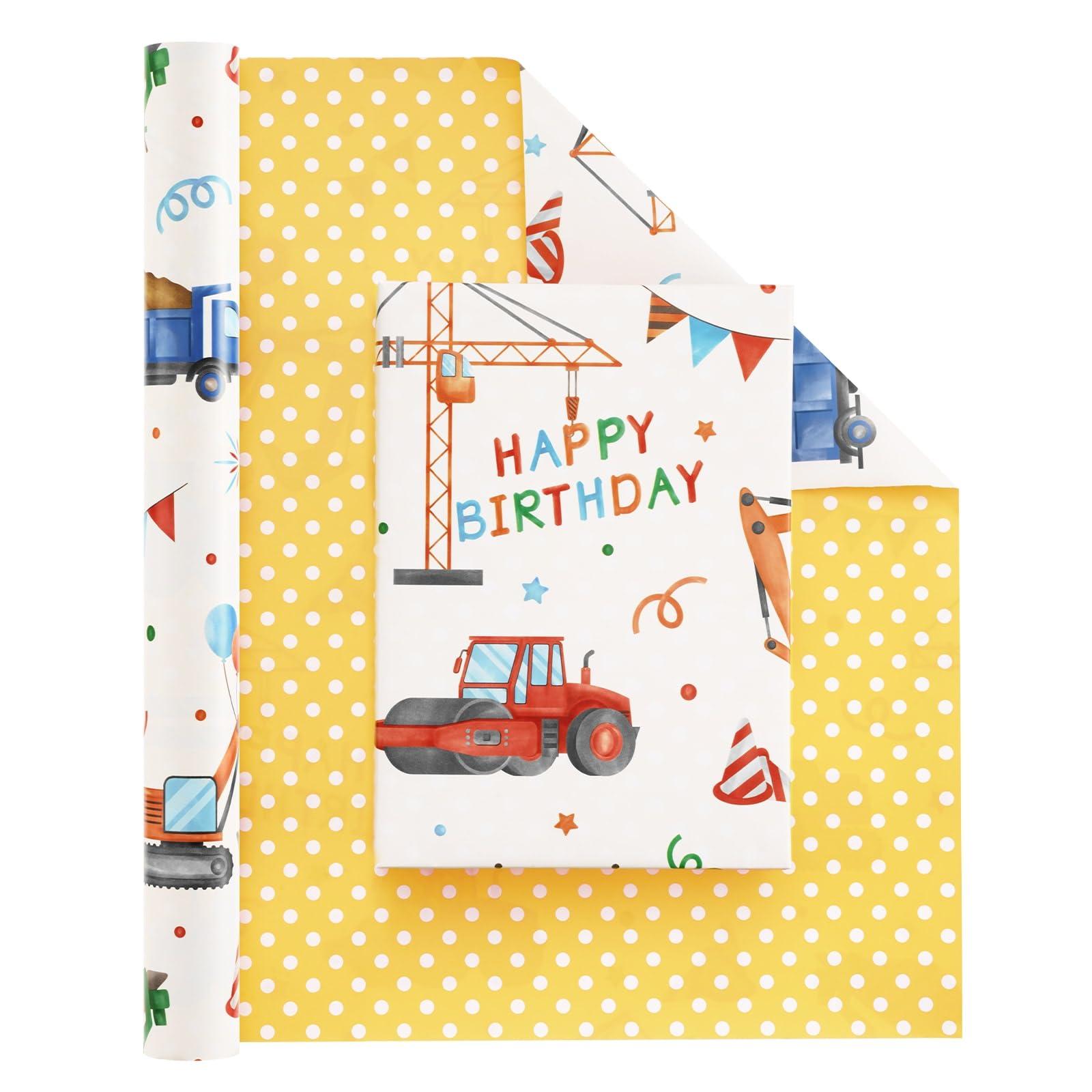 WERNNSAI WERNNSAI Construction Wrapping Paper - 1 Roll 17 x 33 ft Reversible Truck Wrapping Paper Roll Ink Jumbo Roll Birthday Wrapping Paper Roll Kids Boys Construction Party Favor Gift Wrap Polka Dot Design