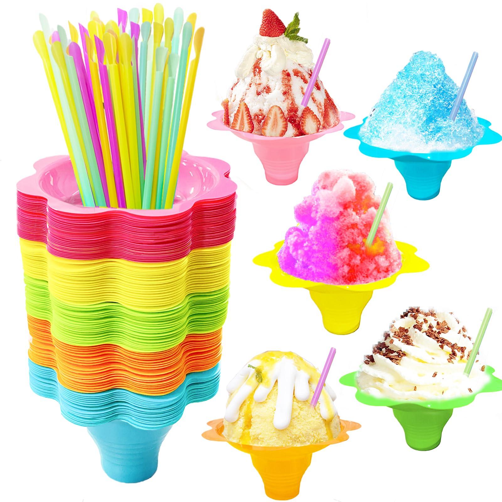 Szsrcywd Szsrcywd 200Pcs 4oz Colorful Snow Cone Cups with Spoon Straws,Flower Shaped Ice Cream Snacks Cup Reusable Plastic Bowls Easy Grip for Kids Birthday Summer Holiday Party