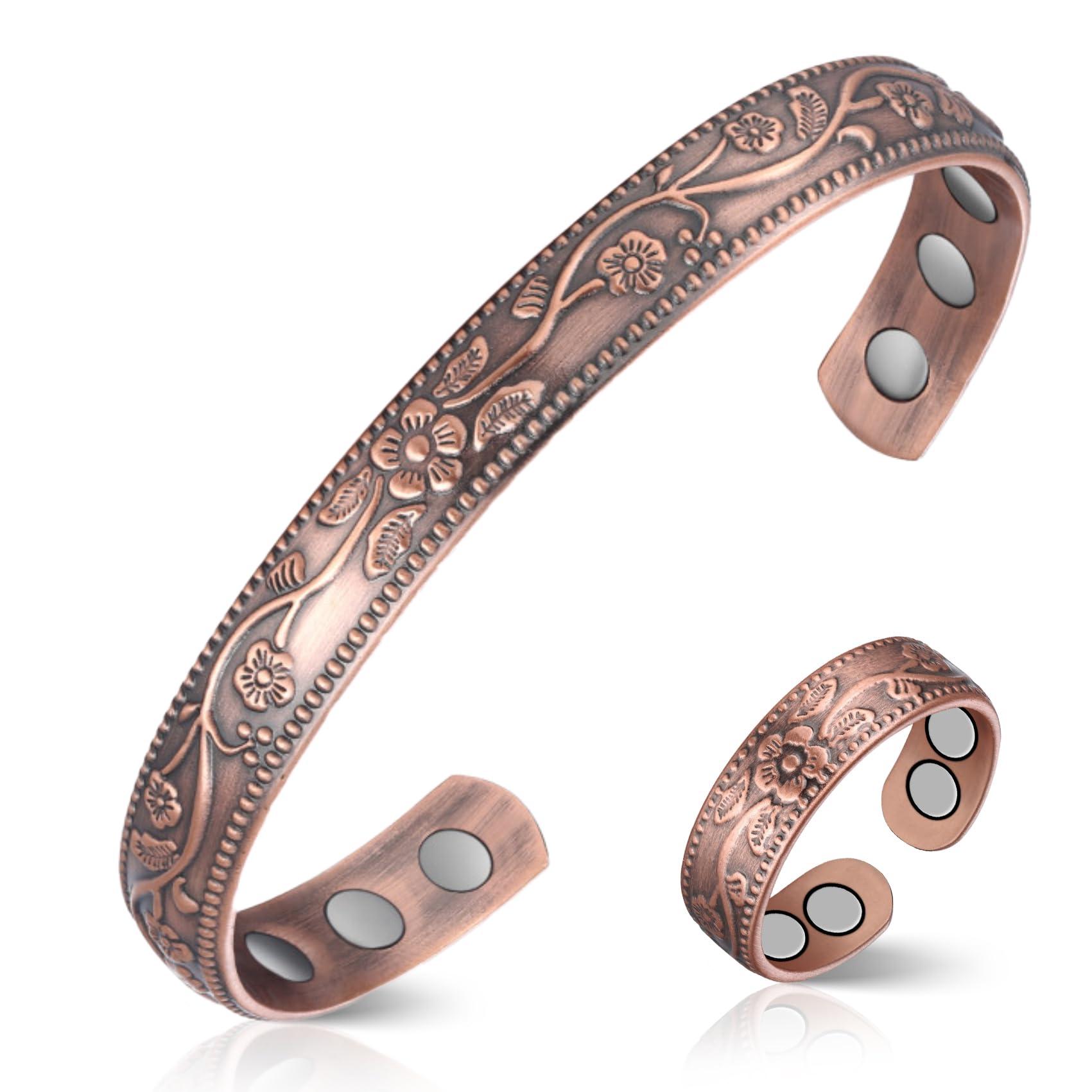 Feraco Feraco Copper Bracelet & Lymphatic Drainage Rings for Women, Vintage Flower Copper Magnetic Cuff Bangle, 99.99% Pure Copper with Neodymium Magnets, Adjustable with Gift Box