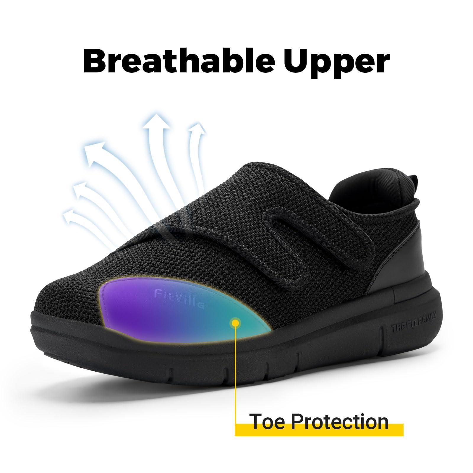 FitVille FitVille Diabetic Shoes for Men Extra Wide Width Orthopedic Slip-on Shoes Adjustable Closure Walking Sneakers with Arch Support Cushioning Therapeutic for Swollen Feet (10.5 Wide, Black)