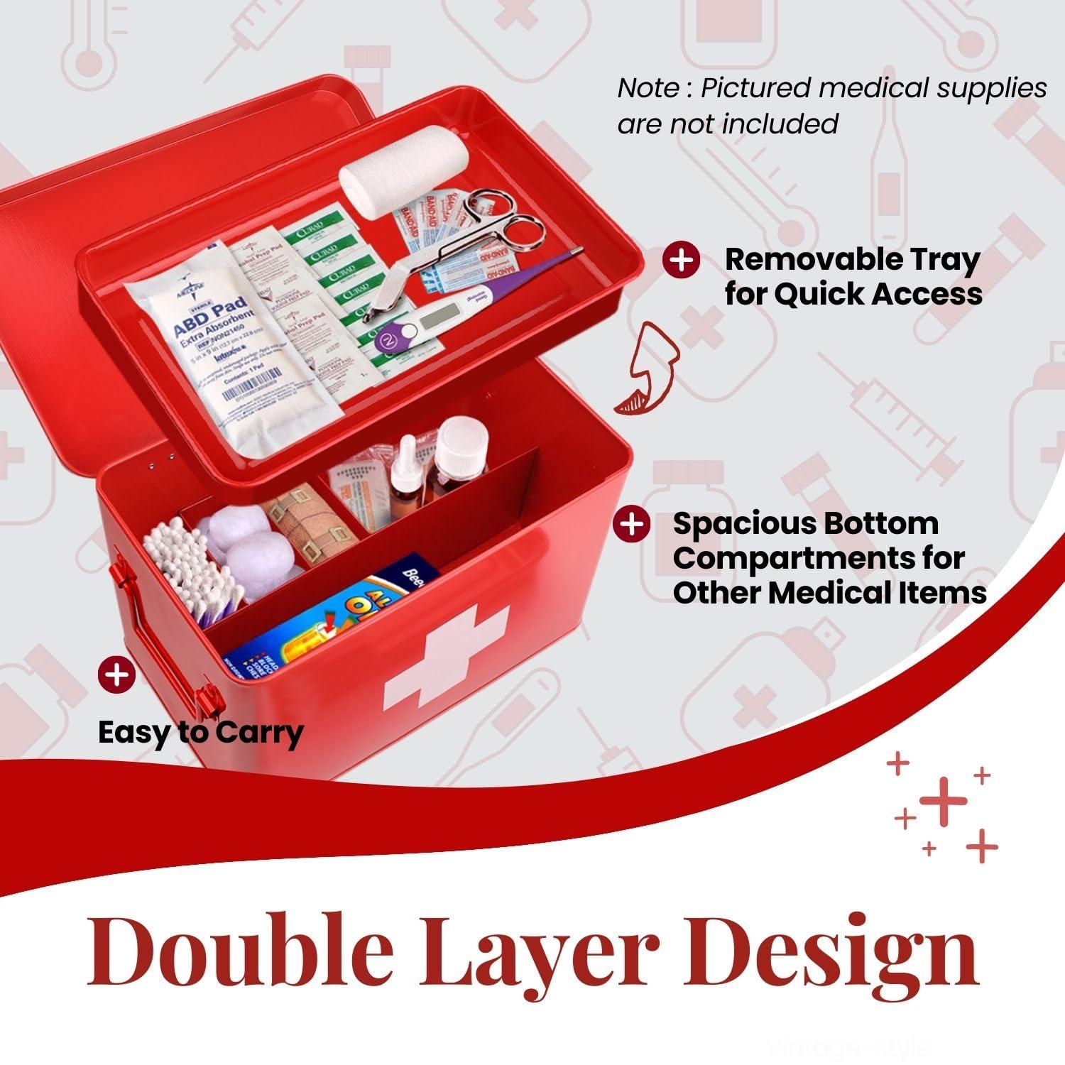 Flexzion Flexzion First Aid Box Organizer Empty 13\" Red Vintage First Aid Kit Tin Metal Medical Box - First Aid Storage Box Container Bins with Dividers, Removable Tray and White Cross Logo