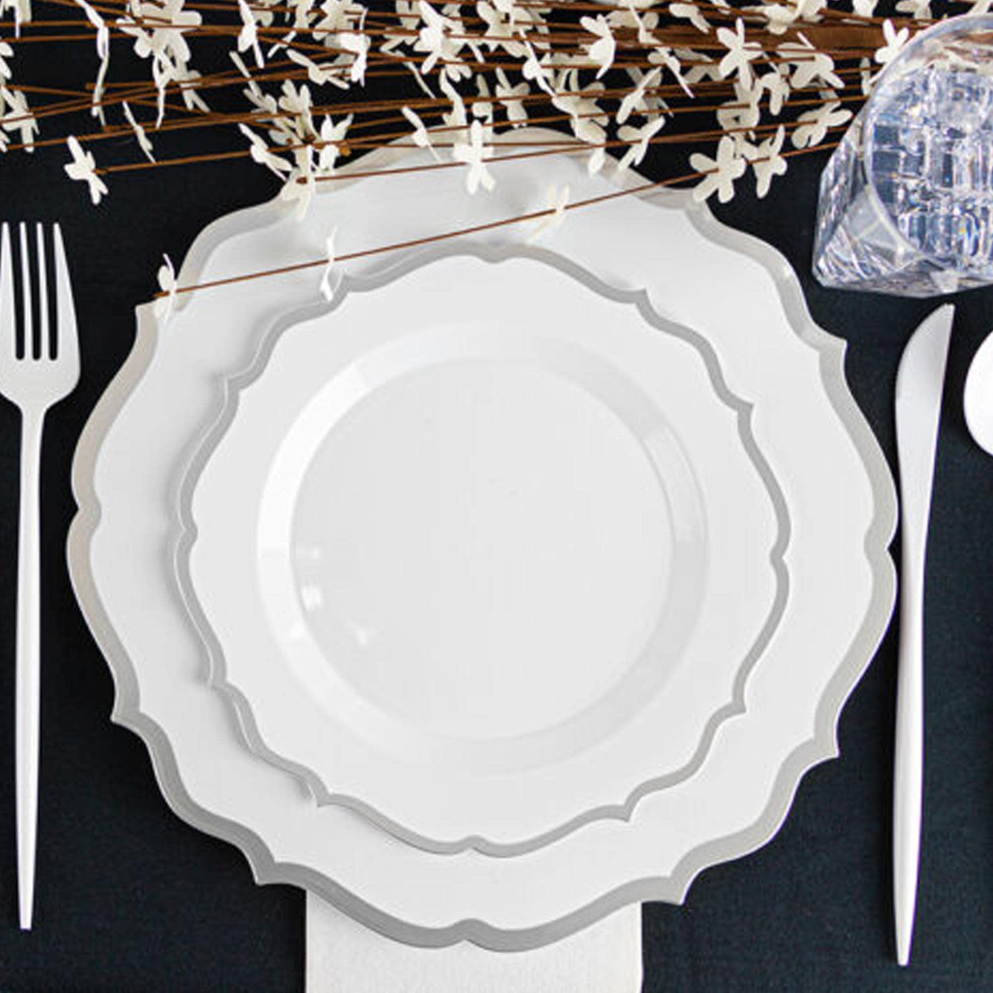EcoQuality EcoQuality 10.5\" inch Round White Plastic Plates with Silver Rim Modern Design - Heavy Duty Large Disposable Charger Dinner Plate Weddings, Tableware, China Like Party Plates (50 PACK)