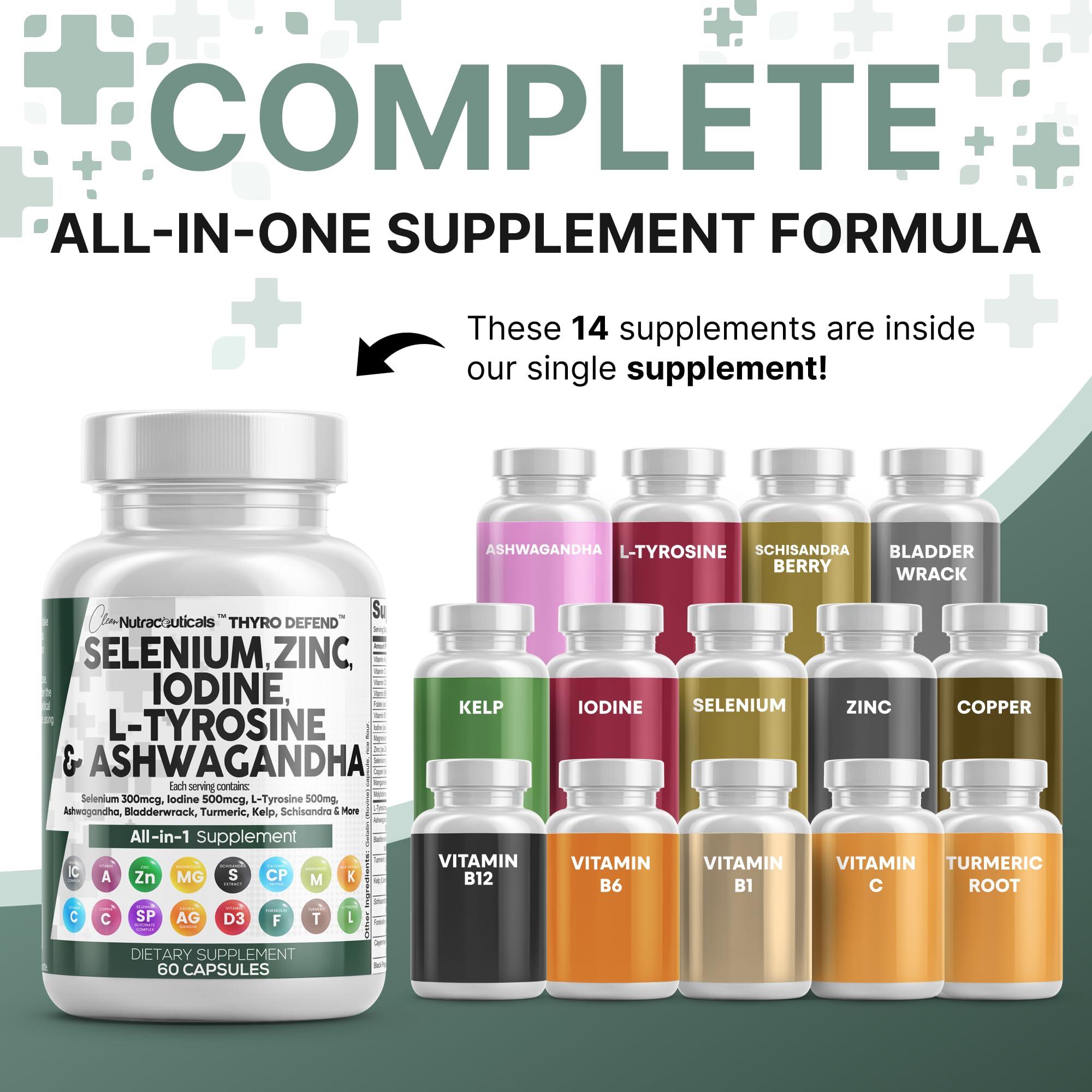 Clean Nutraceuticals Clean Nutra Selenium 300mcg Iodine 500mcg Thyroid Support for Women & Men | L Tyrosine 500mg Ashwagandha Supplement Bladderwrack, Turmeric, Kelp, Schisandra Zinc Pills Capsule Supplements