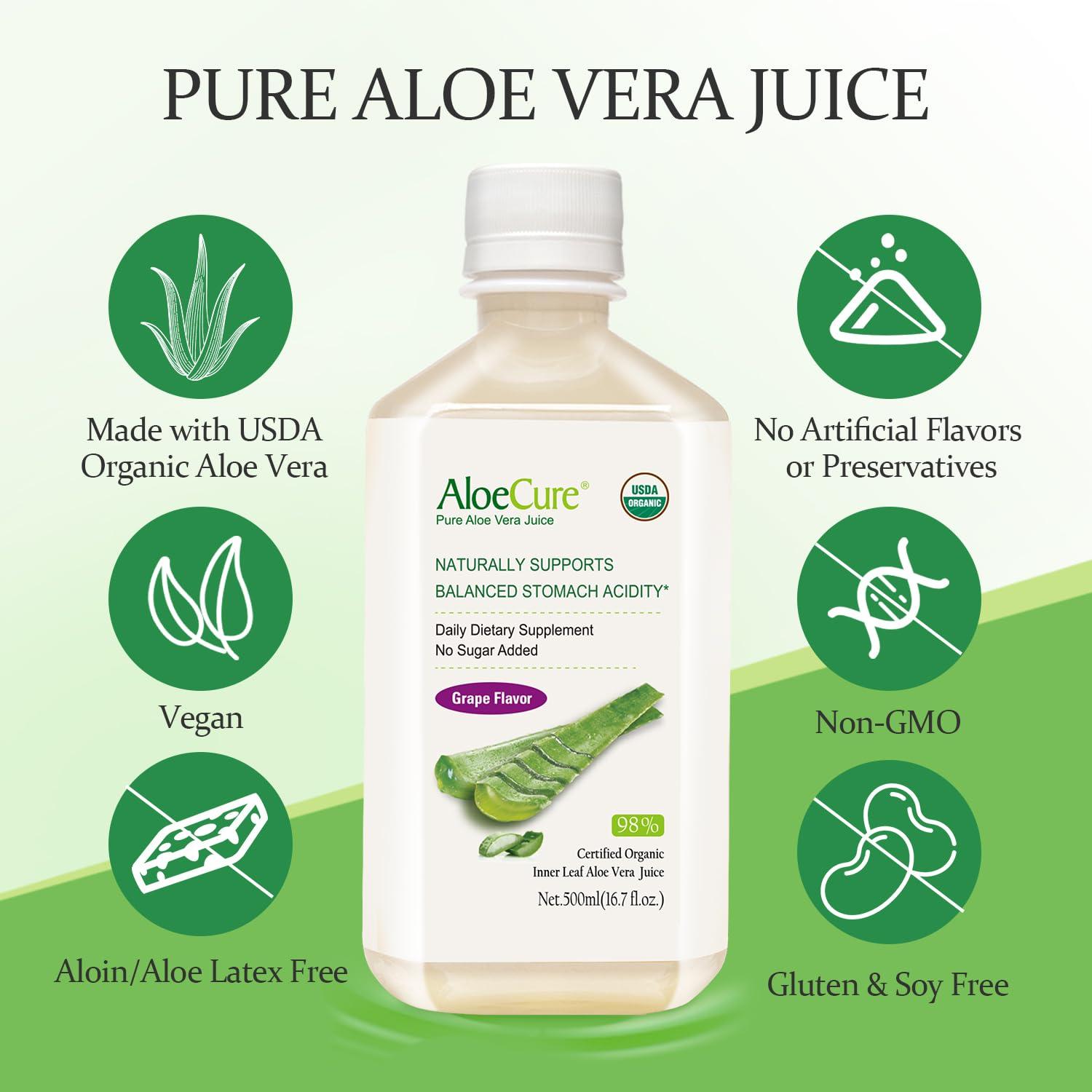 AloeCure AloeCure USDA Organic Aloe Vera Juice Grape Flavor, Made Within 12 Hours of Harvest - Pure Aloe Vera Digestive & Immune Health Supplement, Helps Maintain Balanced Stomach Acidity, 16.7oz x 4 Btls