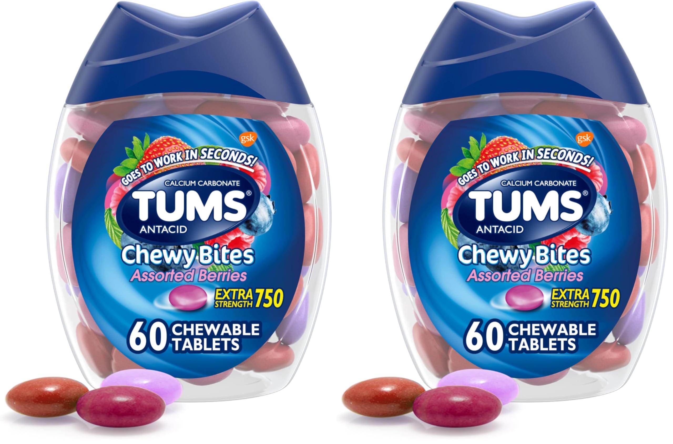 TUMS TUMS Chewy Bites Antacid Tablets for Chewable Heartburn Relief and Acid Indigestion Relief, Assorted Berries - 60 Count (Pack of 2)