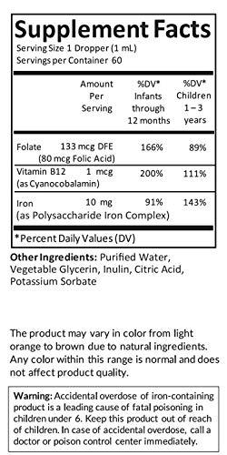 Kiddivit Kiddivit Baby Iron Liquid Drops with Vitamin B12 & Folate - 60 Daily Servings, 2 Fl Oz (60 mL) - Inulin Fortified (Prebiotic, Dietary Fiber) - Sugar Free, Gluten Free, Vegetarian Friendly