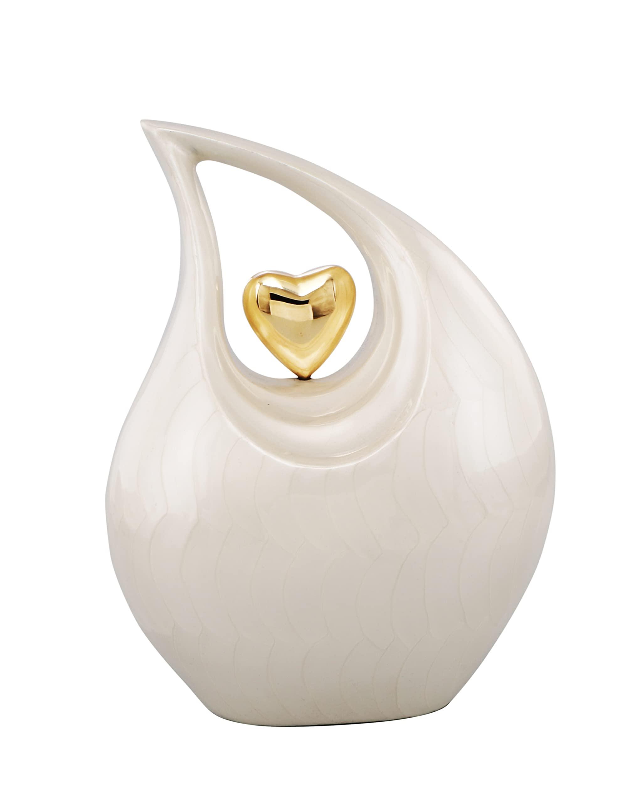 URNS OF DIGNITY Heart of Love Adult Cremation Urns for Human Ashes - Decorative Urns,Urns for Human Ashes Female & Male,Urns for Ashes Men & Women,Funeral Urn (White Gold, Adult)
