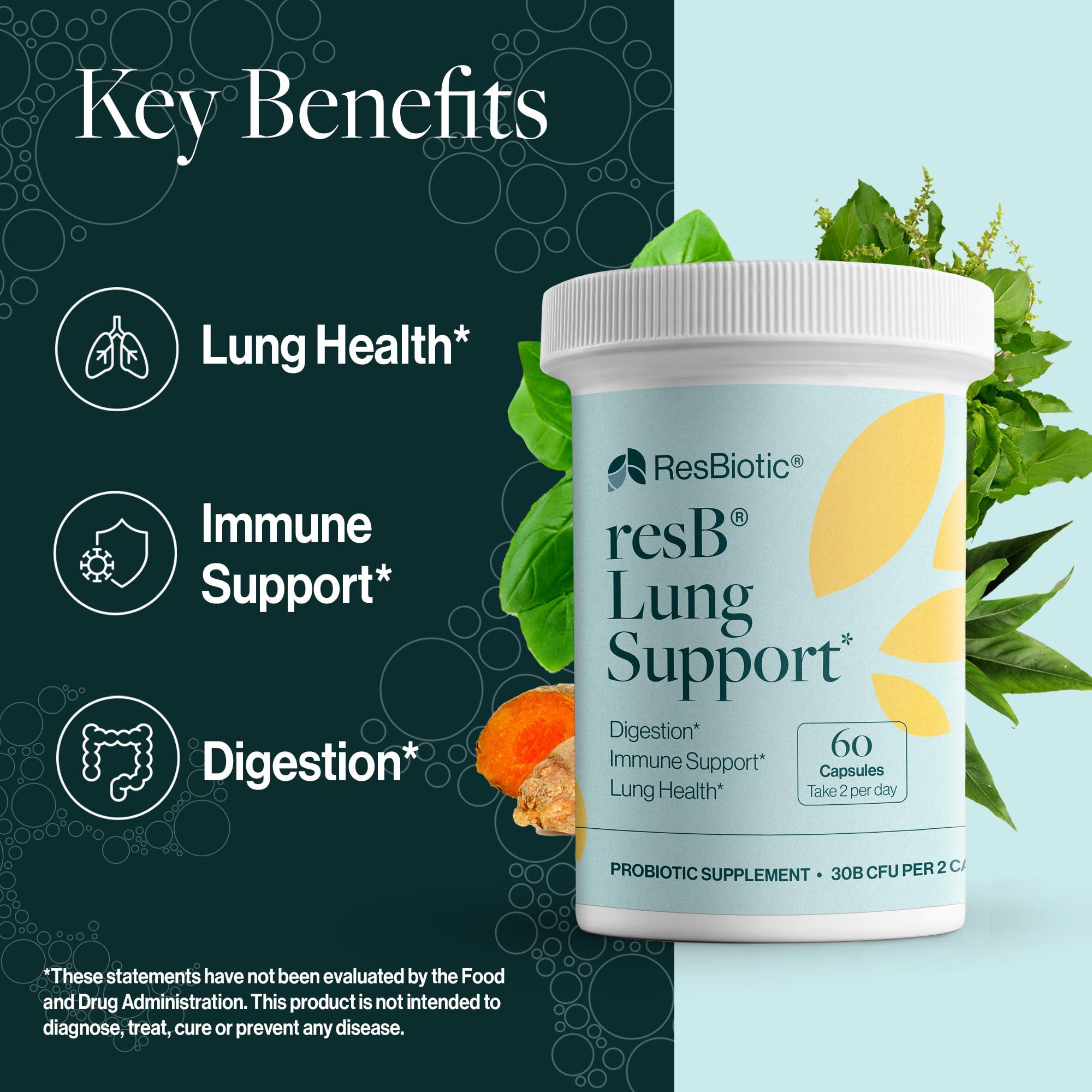 ResBiotic resbiotic resB Lung Support Probiotic Supplement - Lung Health Supplement for Smokers, Gut Health, Immune & Digestive Support, Respiratory Care, Holy Basil & Turmeric, Clinically Trialed - 60 Capsules