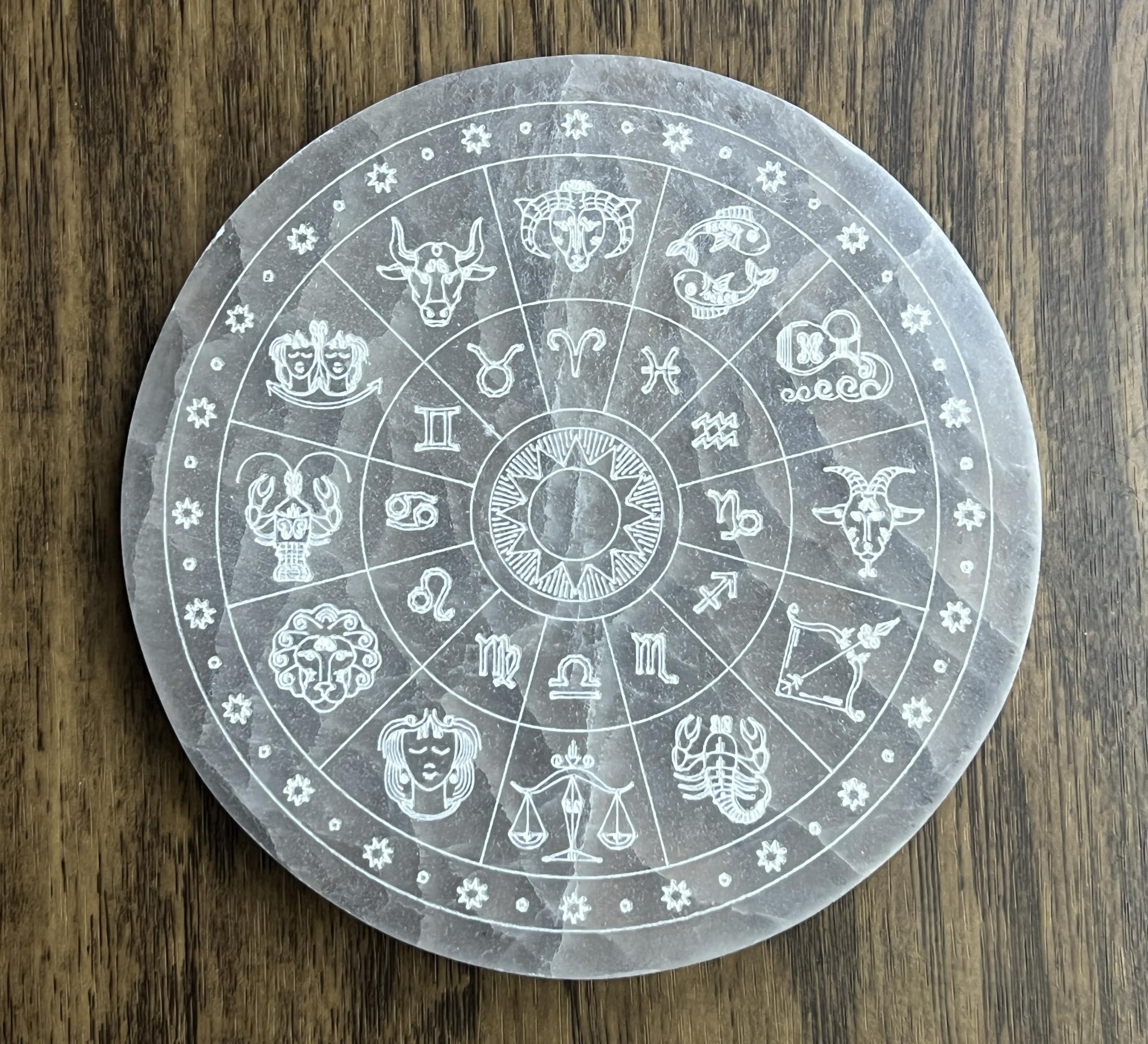 Xen Minerals Xen Minerals Selenite Disk with Zodiac Engraving Crystal Jewelry Charging Plate Tray Coaster Stone, scrying Plates Board for Stones, Crystals Hecate Altar grids and Healing Wicca Slab Wiccan Plate