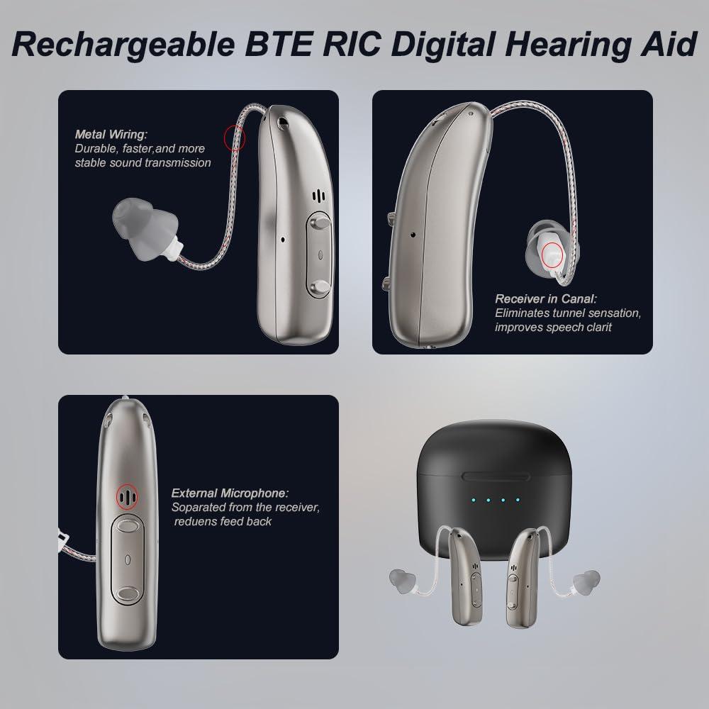 Mirasing Mirasing Rechargeable Hearing Aids for Seniors App Control with 4 Sound Modes BTE Hearing AidsRIC Hearing Aids Noise Cancelling Elderly Assistance Listening