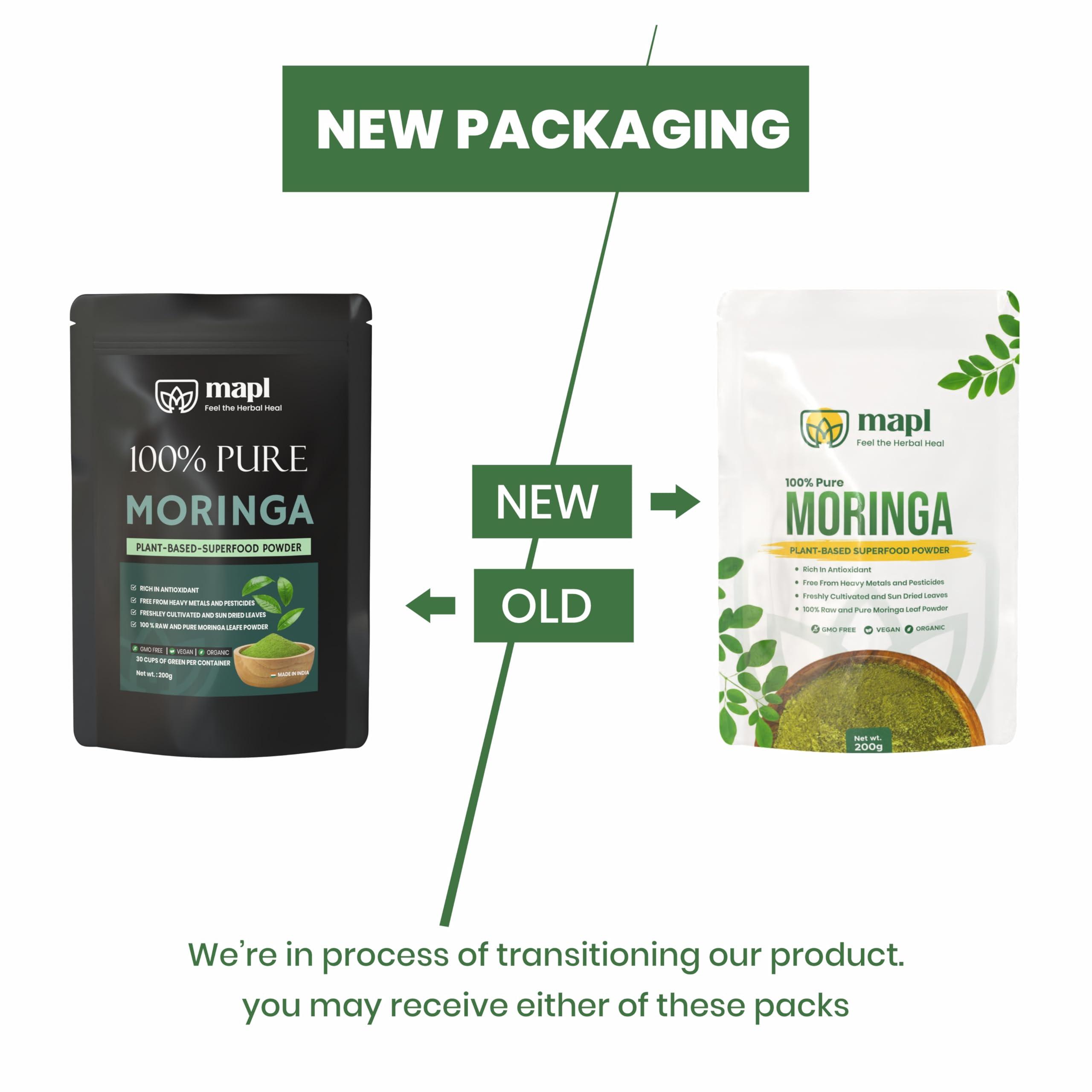 MAPL MAPL Pure Moringa Oleifera Powder | 100% Natural Ayurvedic Plant Based Dried Drumstick Tree Leaves | Raw & Natural, Rich in Nutrients, Blended for Skin & Hair Natural Ingredients | 200 Gram (7 Ounces)