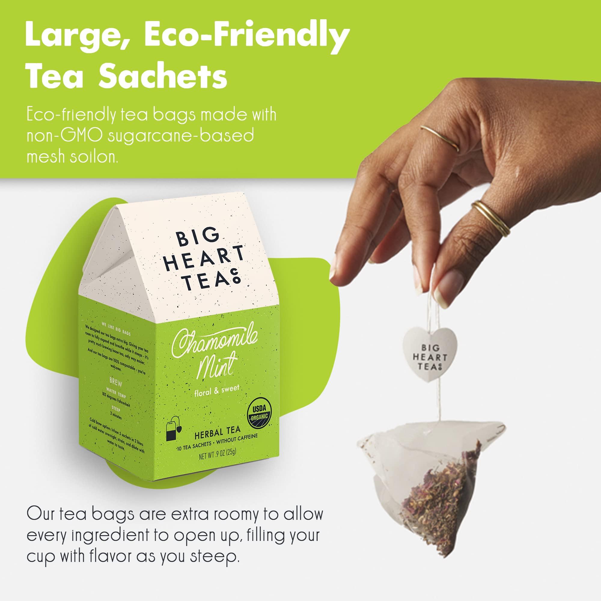 Big Heart Tea Co. Big Heart Tea Co. Tea Bags - Chamomile Mint - Certified Organic, Calming Herbal Decaf Tea in Zero Plastic Sachets with Small Batch Ground Herbs - Spearmint and Lemongrass, 10 Tea Bags
