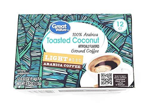 Great Value Great Value Toasted Coconut Artificially Flavored Ground Coffee - Light Arabica Coffee 12 counts Net WT 3.9 OZ (112g)