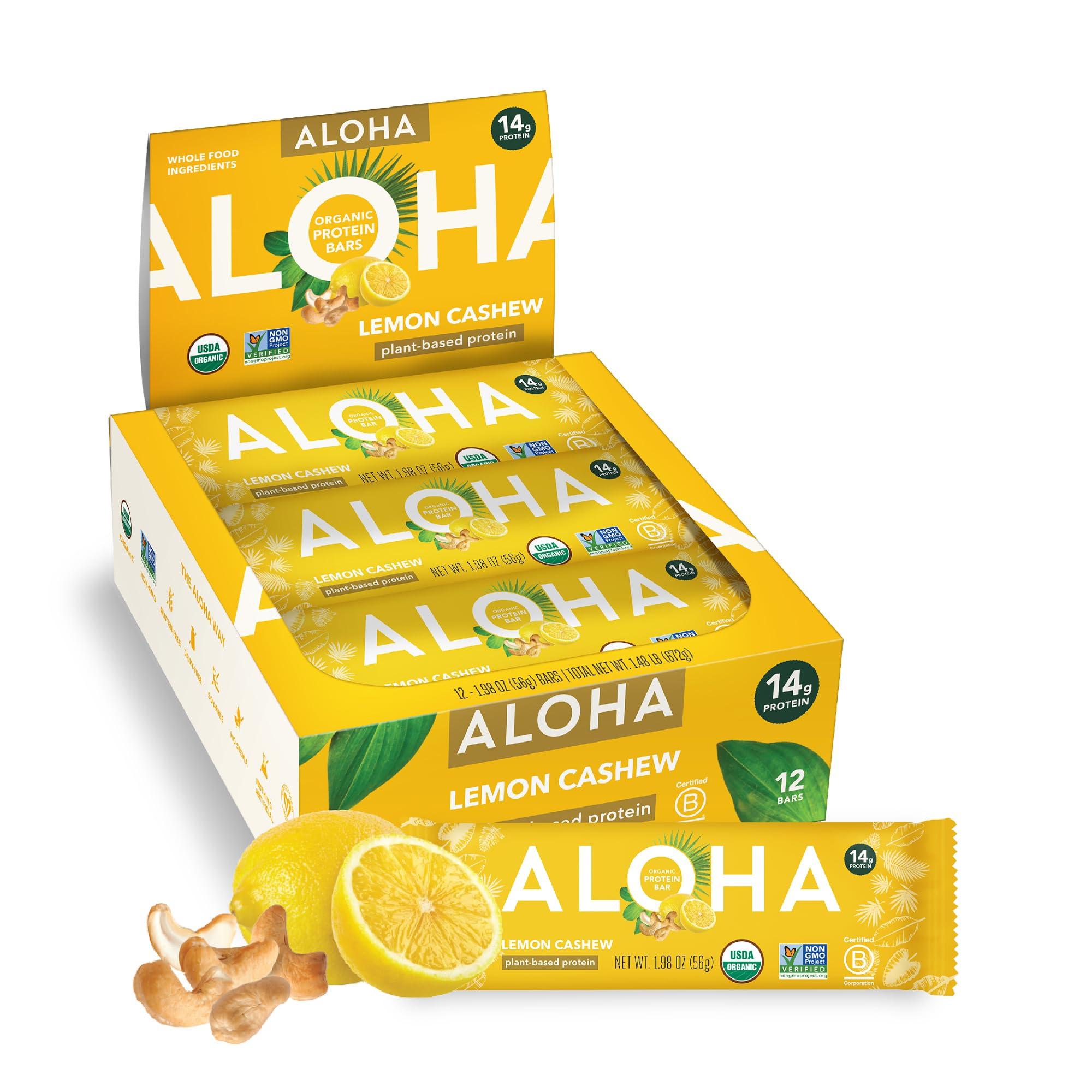 ALOHA ALOHA Organic Plant Based Protein Bars - Lemon Cashew - 12-Count - Vegan, Low Sugar, Gluten-Free, Paleo, Low Carb, Non-GMO, No Stevia & No Erythritol