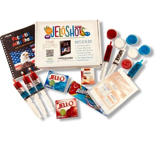 JeloShots Jello Shots Party Kit - American Flag Party Pack - Makes Over 50 (Large) 2oz Jello Shots - Includes Recipes eBook, Jello Shot Syringes, Mini Cups with Lids, Candy Belts, Knox & Dessert Gelatin