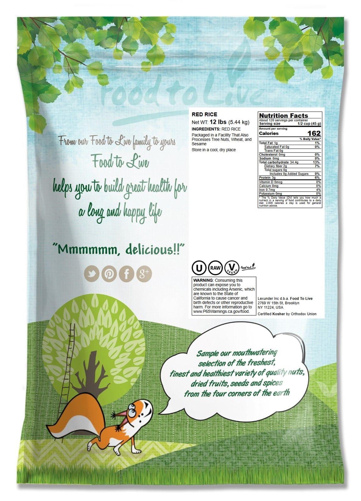 Food to Live Food to Live Red Rice, 12 Pounds Whole Rice, Nutty Flavor, Soft Texture, Non-Sticky, Vegan. Good Source of Protein and Antioxidants. Perfect for Pilafs, Salads, Stir-Fries and Rice Bowls