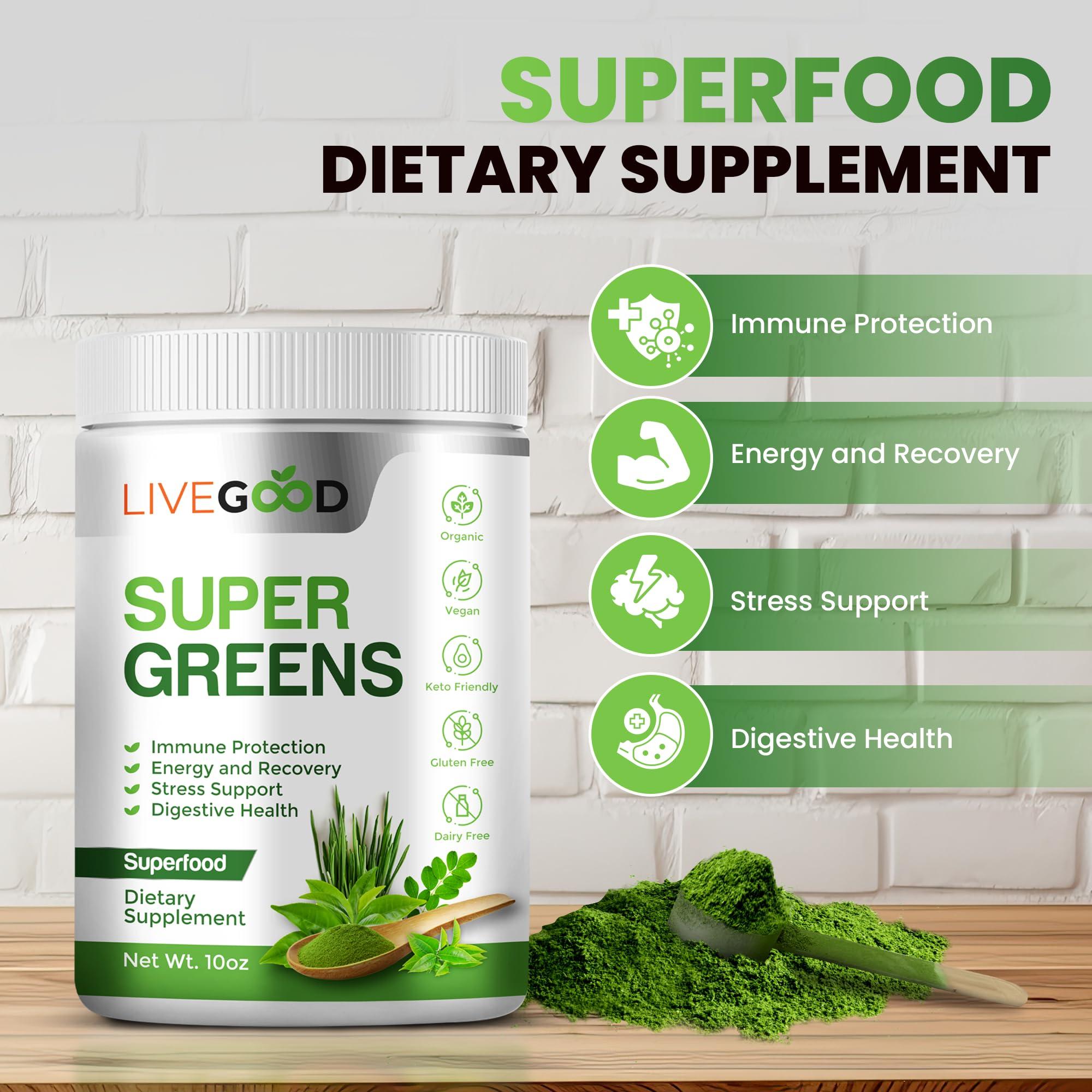 LIVEGOOD LIVEGOOD Organic Super Greens with Wheat, Barley, Oat Grass, Matcha Green Tea, Aloe Vera, Vegan, Gluten Free, 7.2 oz.
