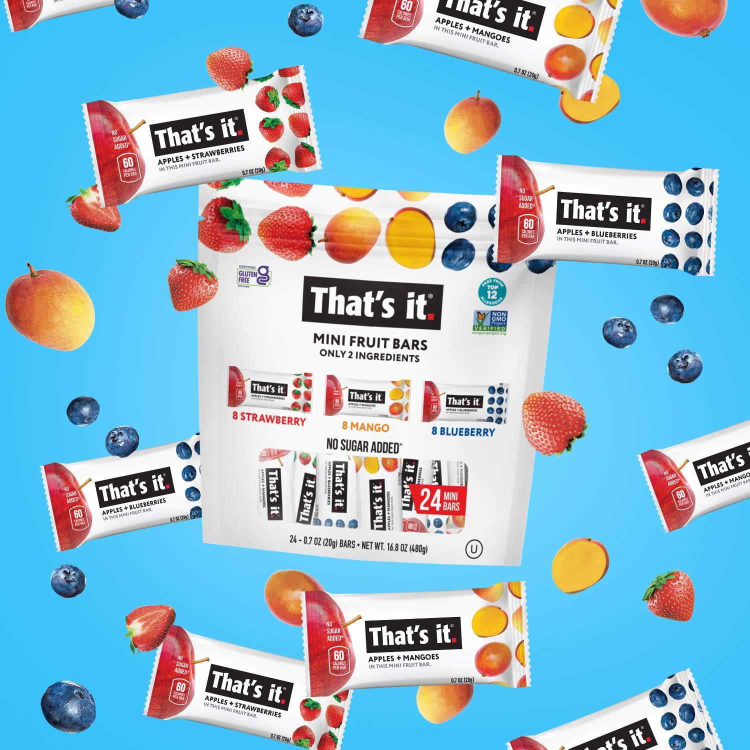 That's it. That's it. Mini Fruit Bars (Variety 24 PACK) No Sugar Added, Plant-Based, Vegan & Gluten Free, Breakfast Bar, Paleo, for Children & Adults, Non GMO, Fiber (8 Blueberry, 8 Strawberry, 8 Mango)
