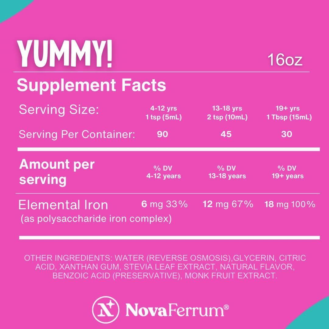 NovaFerrum NovaFerrum Yummy 16 Fl Oz | Liquid Iron Supplement for Ages 4 & Up | 18mg of Iron/Tbsp | Gluten Free | Sugar-Free | Raspberry Grape