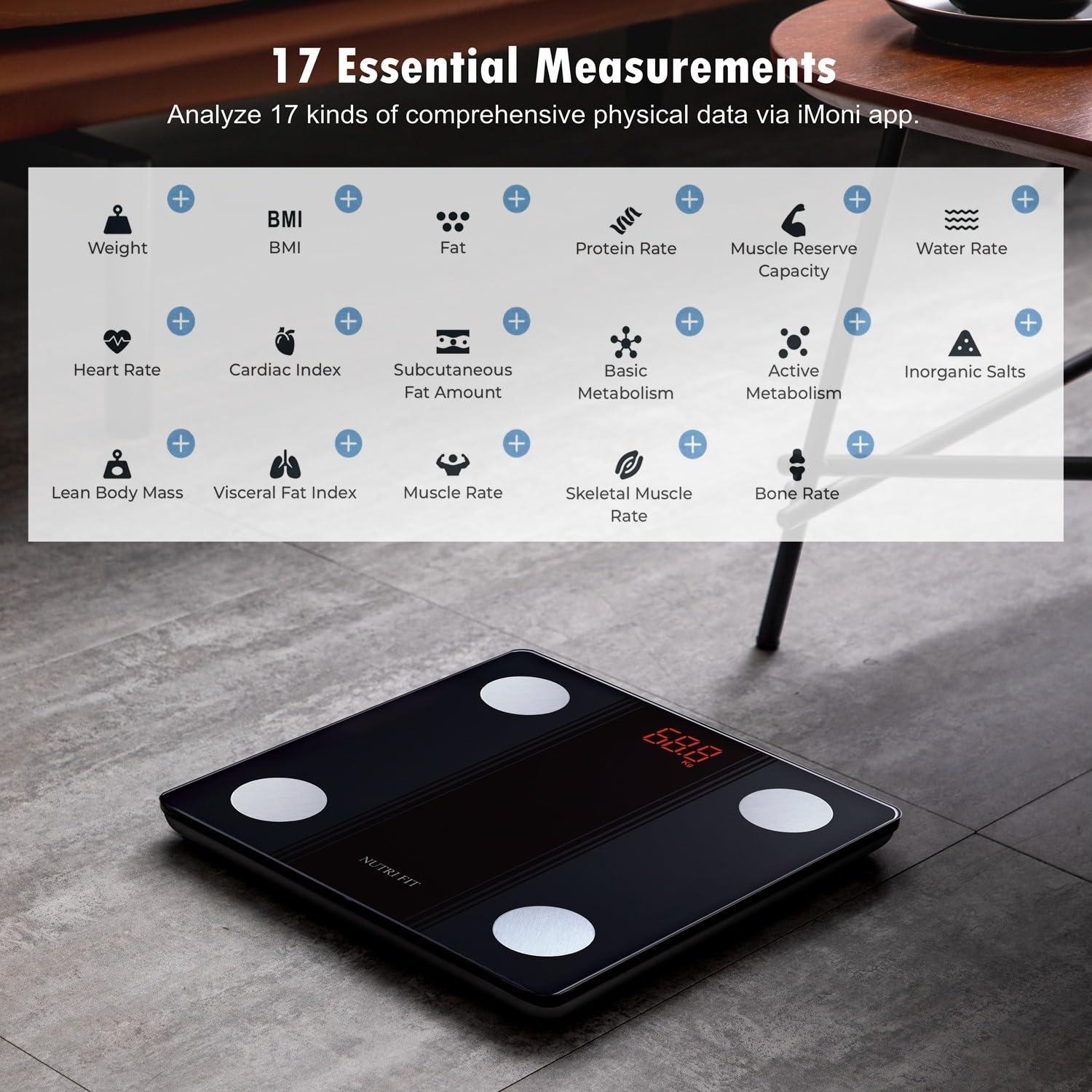 NUTRI FIT NUTRI FIT Bathroom Scale Smart Digital Bluetooth Scales for Body Weight, Body Fat, BMI Body Composition Analyzer Weighing Scale with High Precision Measurements Sync APP Heavy Duty 330lbs