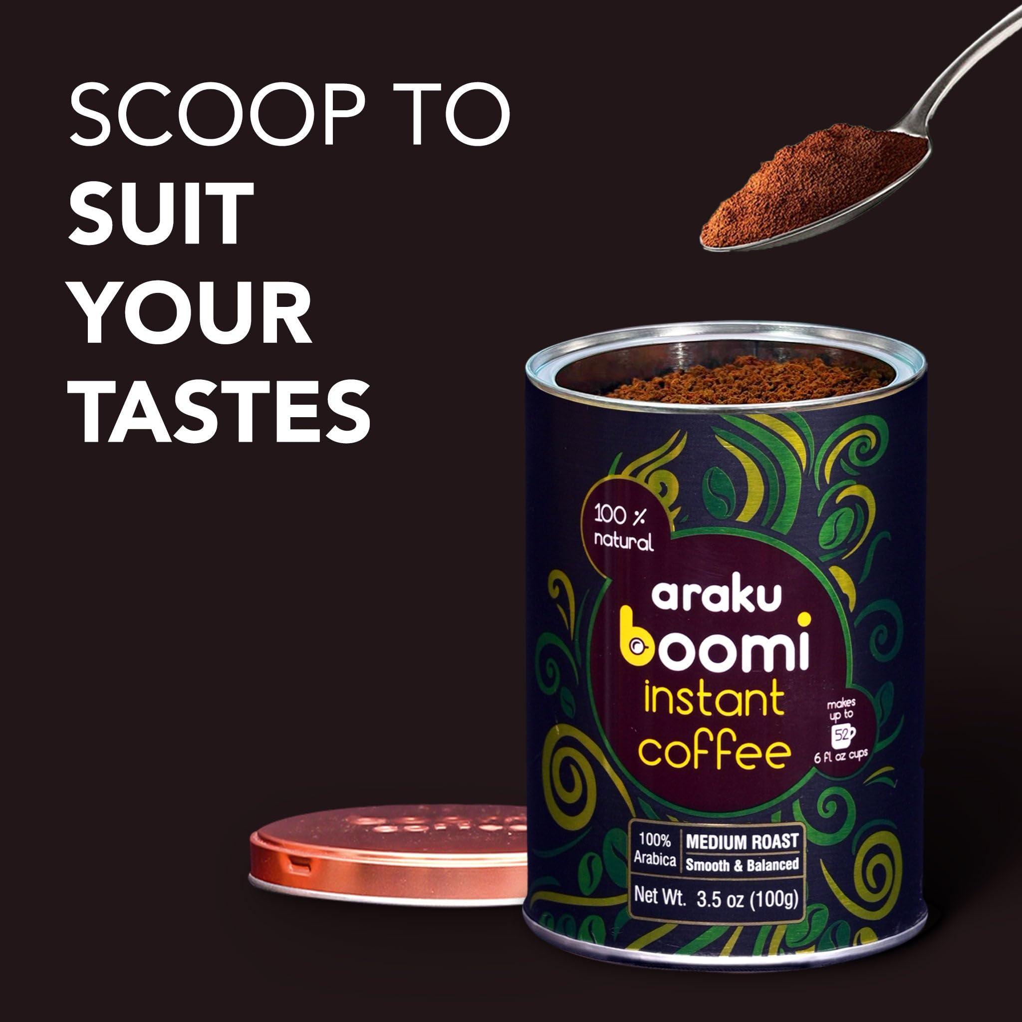 BOOMI INSTANT COFFEE Araku Boomi Premium Single Origin Instant Coffee Powder, Medium Roast, Made from 100% Arabica Beans from Araku Valley | Best Mold Free Instant Coffee | 3.5 Ounce Tin (1 Pack) (Up to 50 Cups)