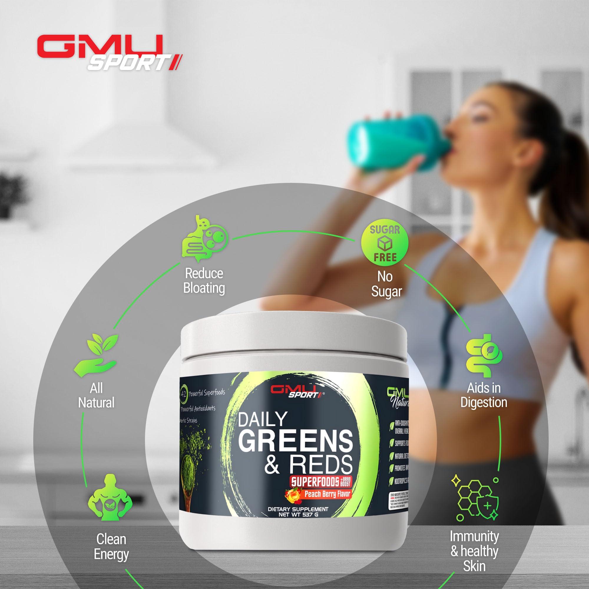 GMU SPORT GMU SPORT Greens and Reds Superfood Powder - Reds and Greens Powder Supplement with 42 Superfoods, Antioxidants, Adaptogen and Probiotics for Digestive Health and Mental Focus - Peach Berry