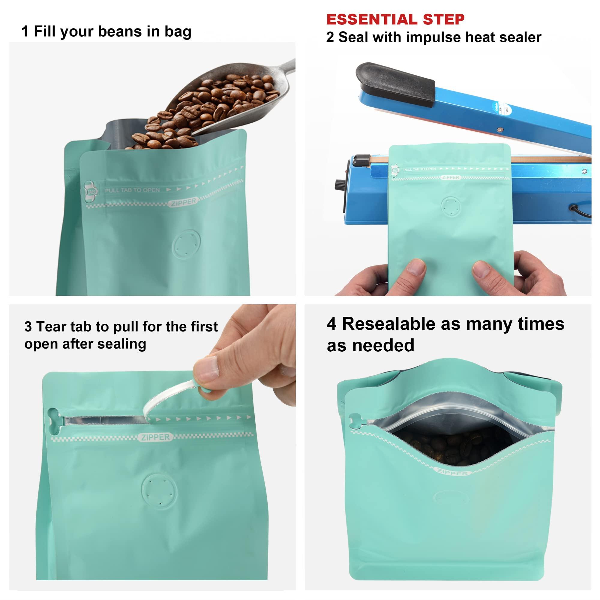 EverPack High Barrier Foil Coffee Bags with Degassing Valve, Resealable Coffee Pouches with Air Release Valve, Flat Bottom & Pull Tab Zipper, Matt Green Blue (50, 16oz/1lb/500gm)