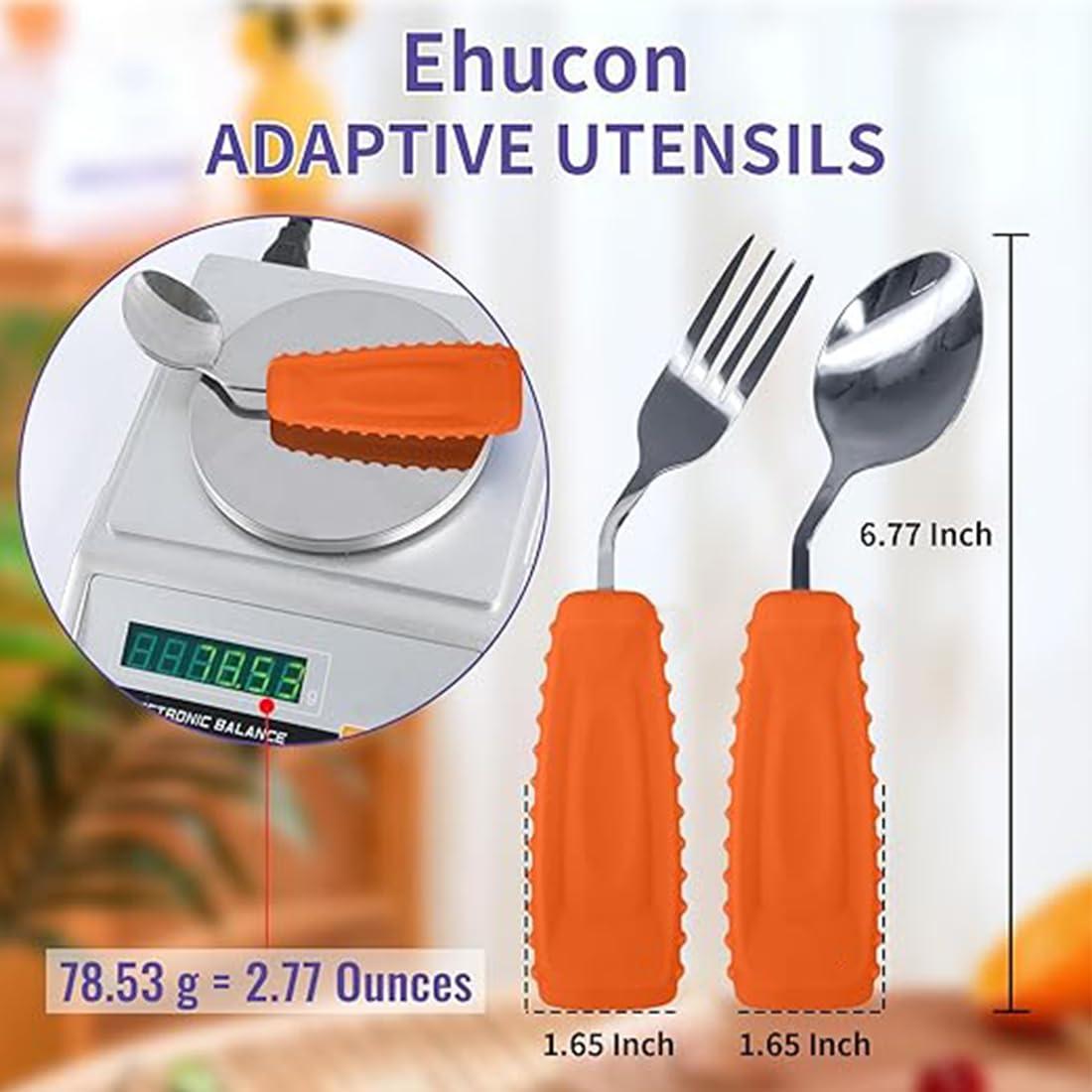 Ehucon Ehucon Adaptive Utensils,Weighted Angled Silverware,Parkinsons Aids,Angled Silverware Spoon and Fork Set for Elderly, Arthritis, Dementia, Disable, Handicapped Hands (Left Hand,Pack of 2,Orange)