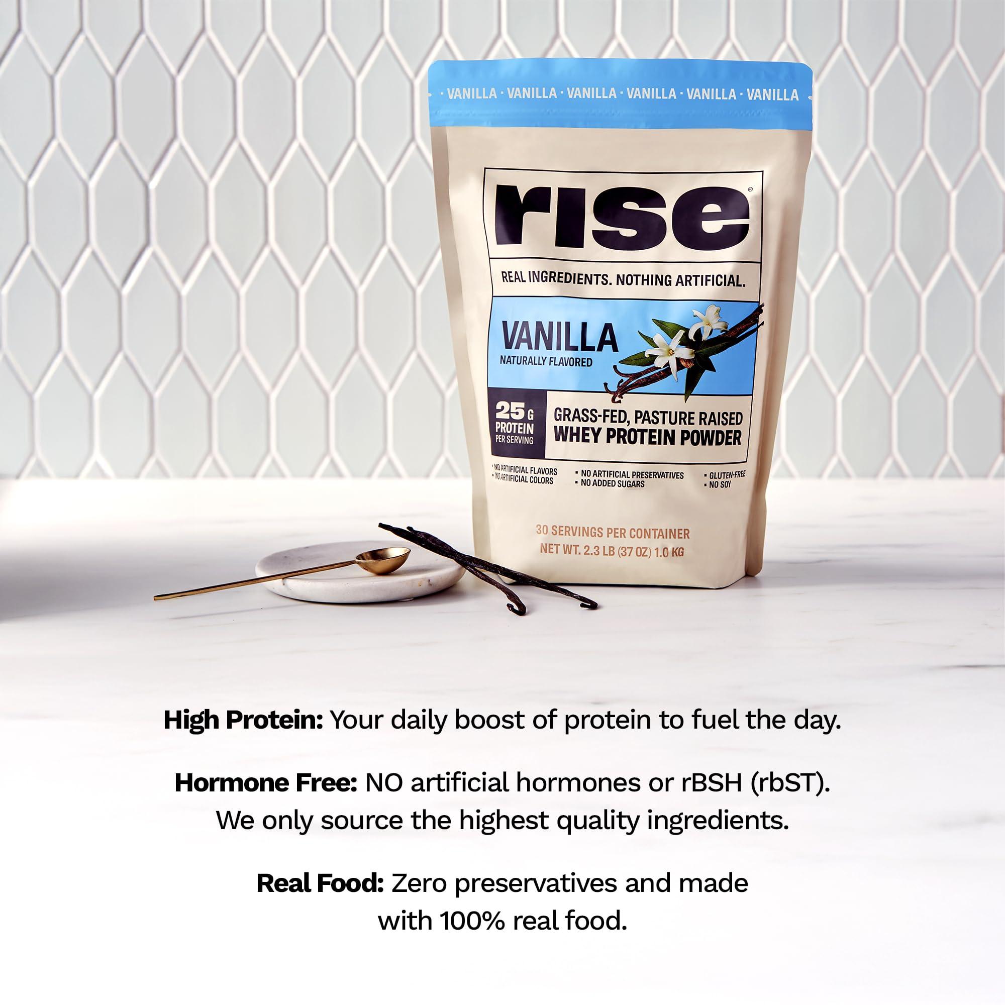 Rise Rise Grass-Fed Whey Protein Powder - Vanilla | 25g Protein No Artificial Flavors, Colors, or Preservatives - Sugar Free, Gluten-Free, Soy Free (2.3 lbs)