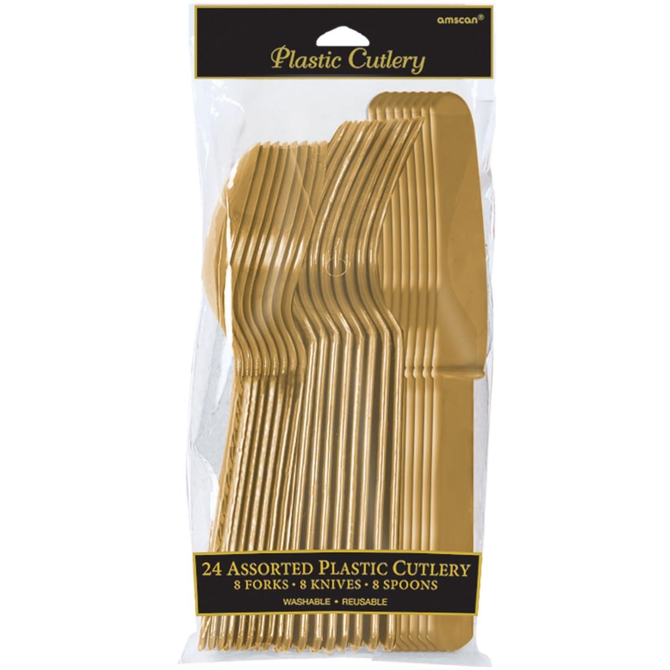 amscan Assorted Gold Plastic Cutlery (Pack of 24) - Elegant, Durable & Disposable Party Supplies for Every Occasion