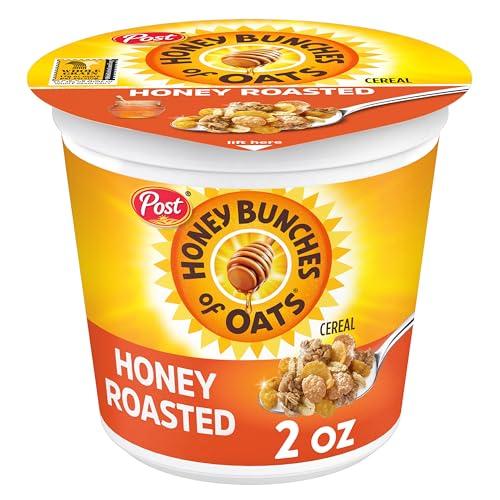 Post Post Honey Bunches of Oats Honey Roasted Breakfast Cereal, Honey Oats Cereal with Granola Clusters, Small Cereal Cup Size for Easy On-The-Go Breakfast, 2 OZ Cereal Cup (Pack of 12)