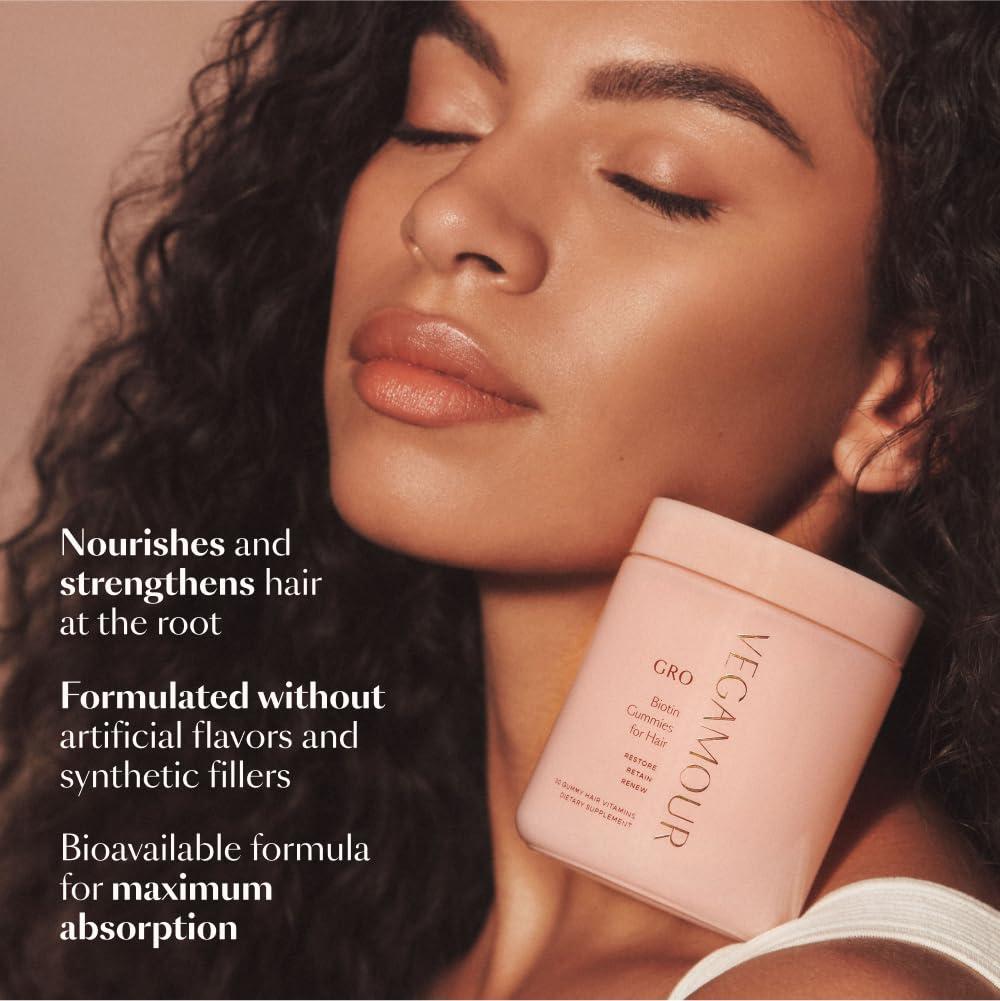 VEGAMOUR VEGAMOUR GRO Biotin Gummies, Strawberry Flavor with 5000 mcg Biotin, Supports Healthy Hair Vegan Gummies with Vitamins A, B, C, E, B-12 & More, 30 Ct