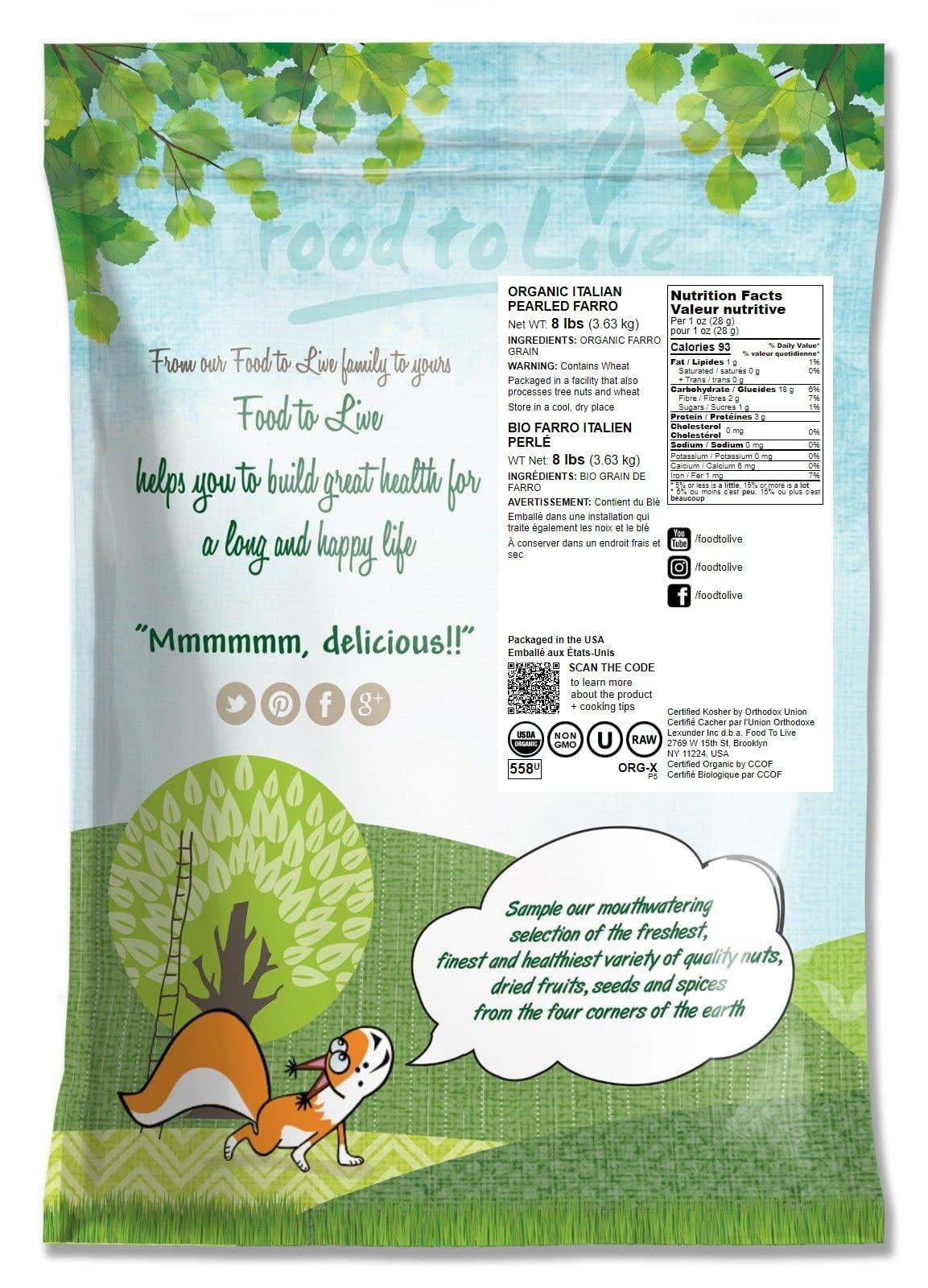 Food to Live Food to Live Organic Italian Pearled Farro, 8 Pounds Non-GMO, Kosher, Vegan, Whole Farro Grain in Bulk. Good Source of Fiber and Protein. Free of Sodium and Sugar