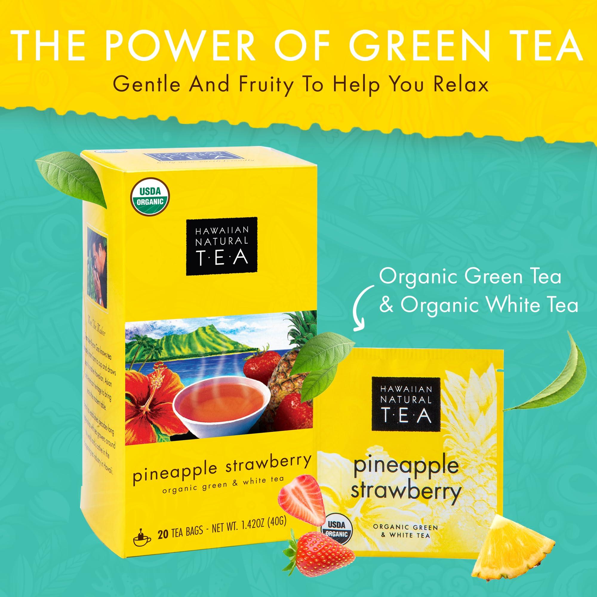 HAWAIIAN NATURAL T·E·A Hawaiian Natural Tea Pineapple Strawberry Flavored Organic Tea - Tropical Fruit Green Tea Blend with White Tea - Perfect Daily Cup & Gift for Tea Lovers - 20 Tea Bags