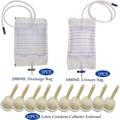 YEYSXSY Latex Condom Catheter External Self Sealing Set 10pcs Male Condom 1pcs 1000ml Urine Bag 1pcs 2000ml Drainage Bag(35mm/1.38inch)
