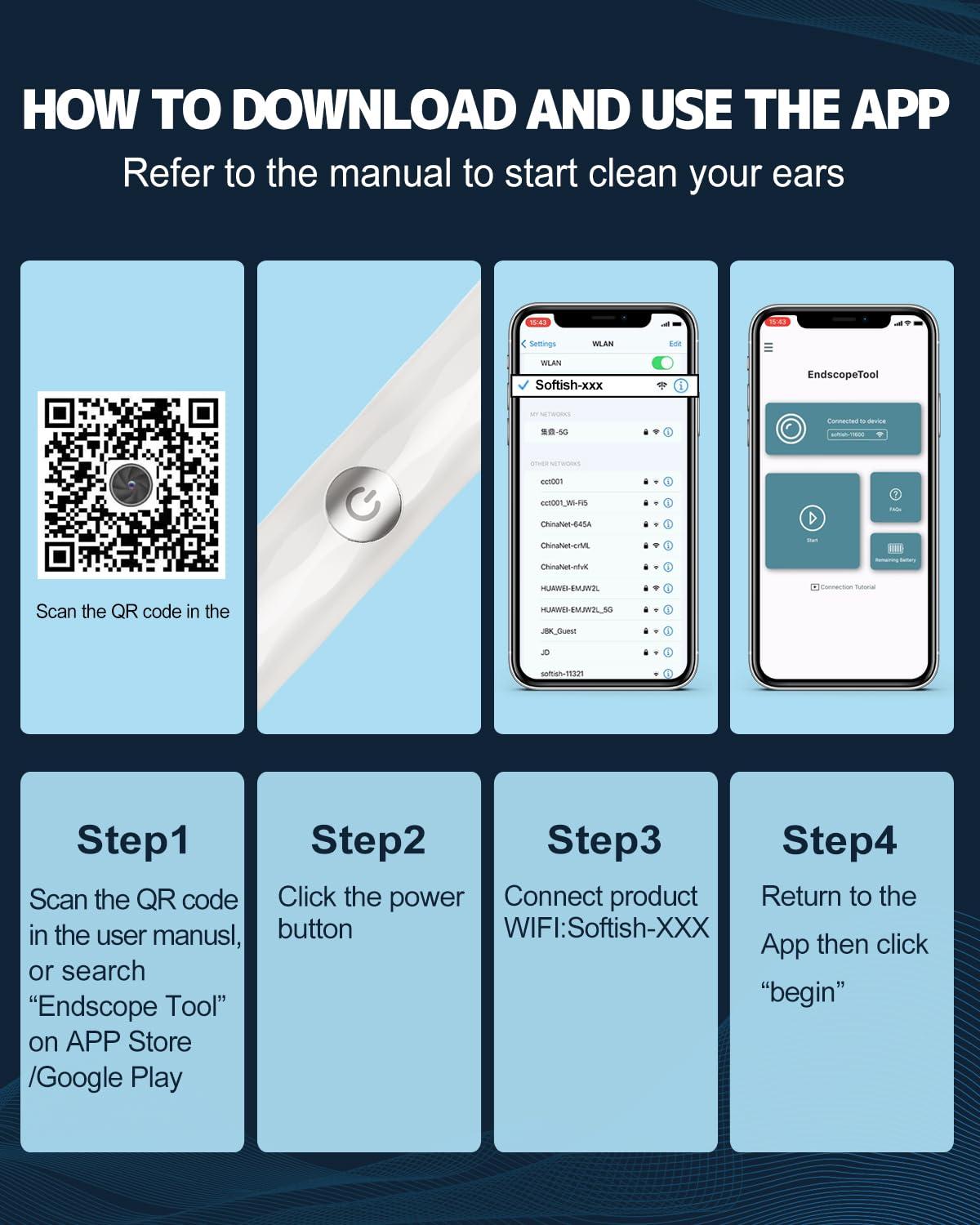 Right Ear Wax Removal, Ear Cleaner with Camera and Light, Ear Wax Removal Kit with 1296P Otoscope, Ear Cleaning Tool with 6 Ear Spoon, Ear Camera for iPhone & Android Phones,White