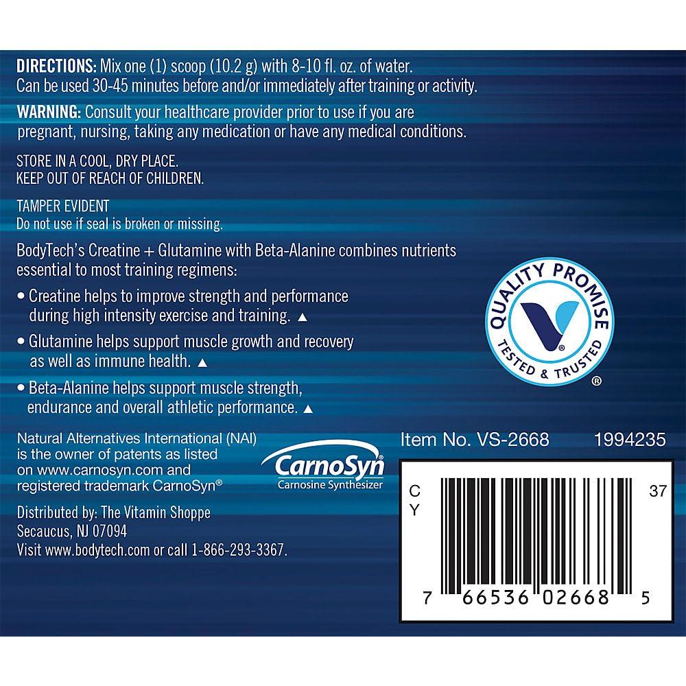 BODYTECH BodyTech Creatine & Glutamine with Beta-Alanine - Premium Performance Supplement for Enhanced Strength, Muscle Recovery, and Endurance - Advanced Formula (10.8oz/ 30 Servings)