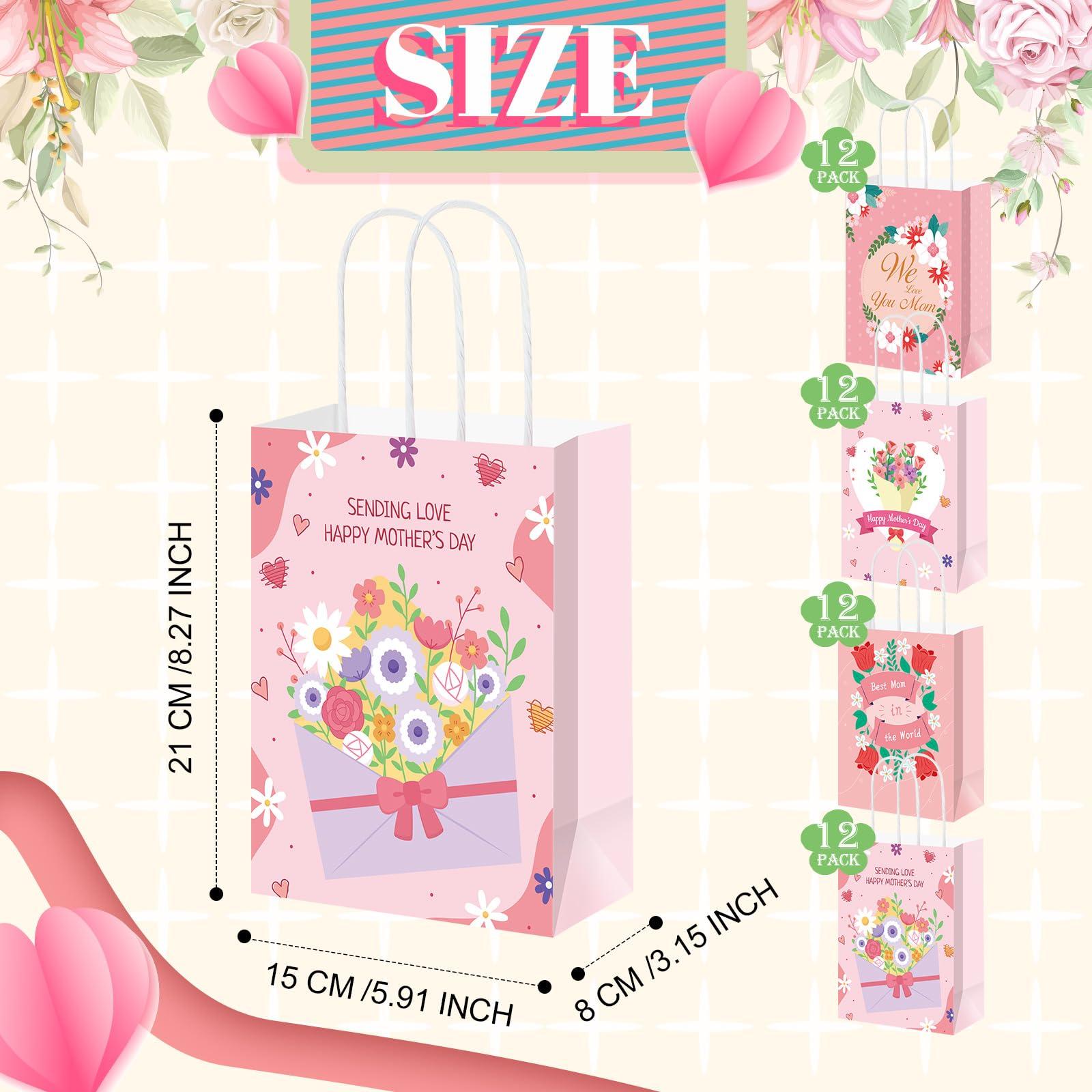 Silkfly Silkfly 48 Pieces Mother Day Gift Bags Bulk Floral Gift Bags with Handle Happy Mother Day Party Favor Bags Flower Treat Bags Love You Mom Goodie Bags for Mother Day Party Decorations Supplies