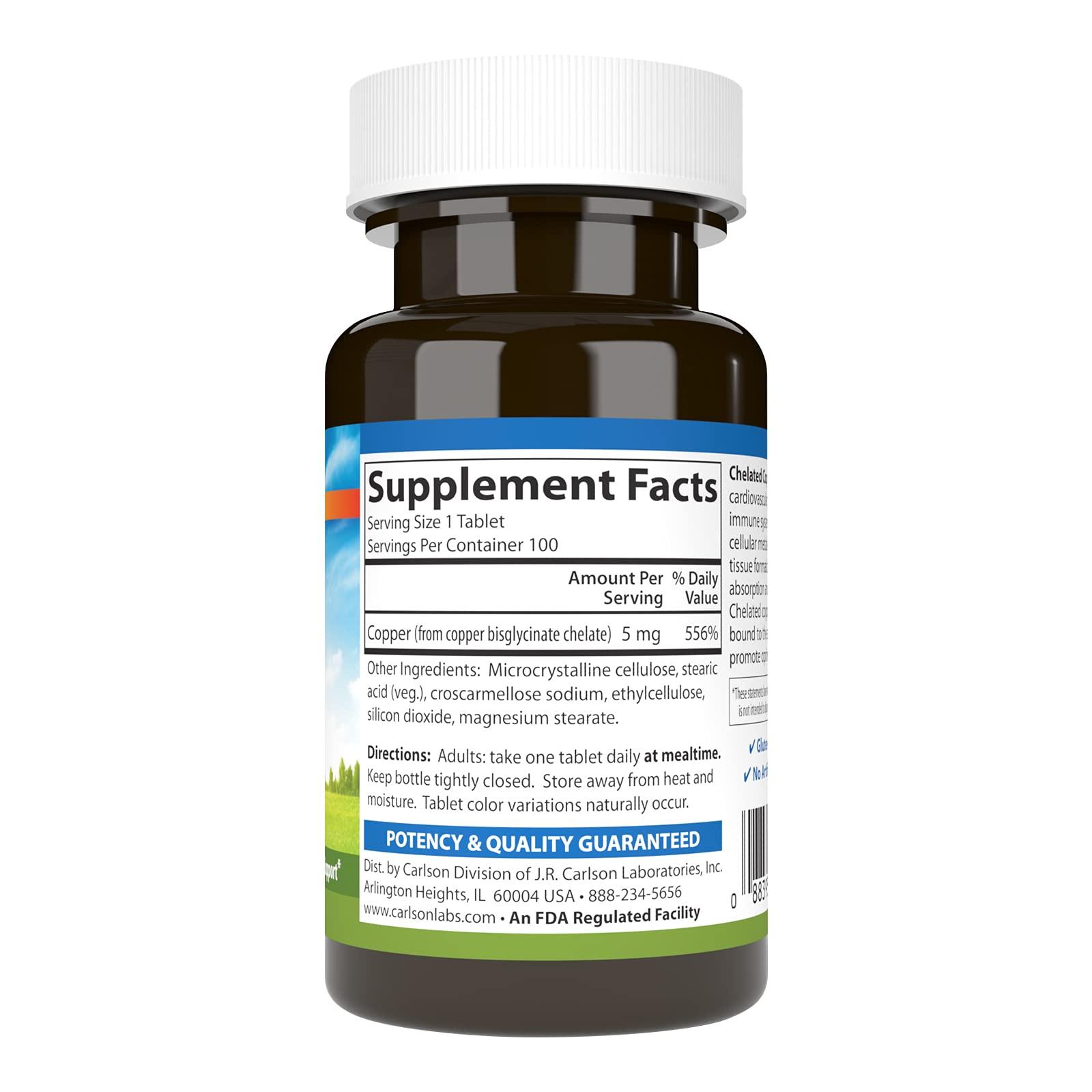 Carlson Carlson - Chelated Copper, 5 mg, Superior Absorption, Cardiovascular Health, Nerve Function & Immune Support, 100 Tablets