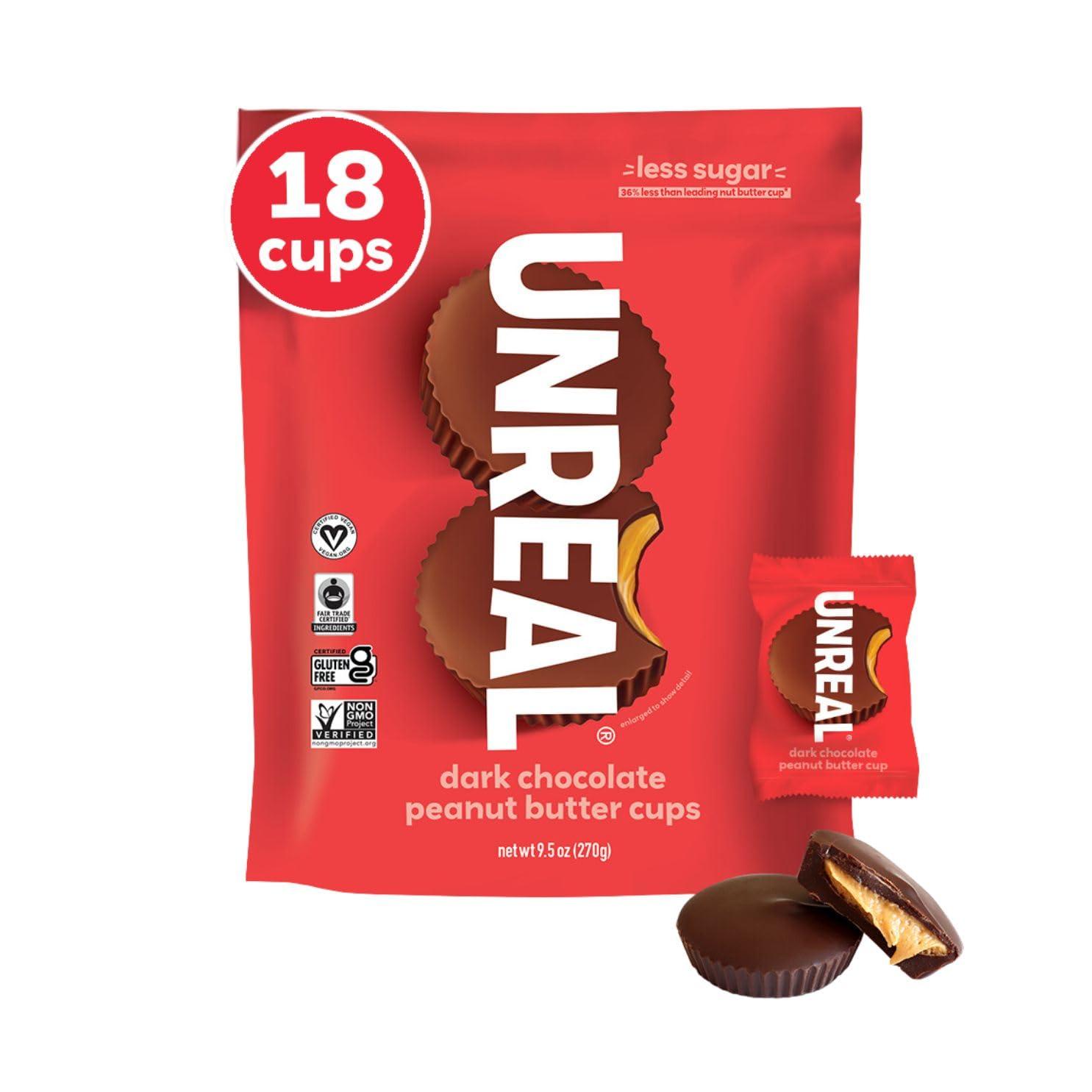UNREAL UNREAL Dark Chocolate Peanut Butter Cups (Value Size Bag) | Vegan, 5g Sugar | Gluten Free, Fair Trade, Non-GMO | 9.5oz