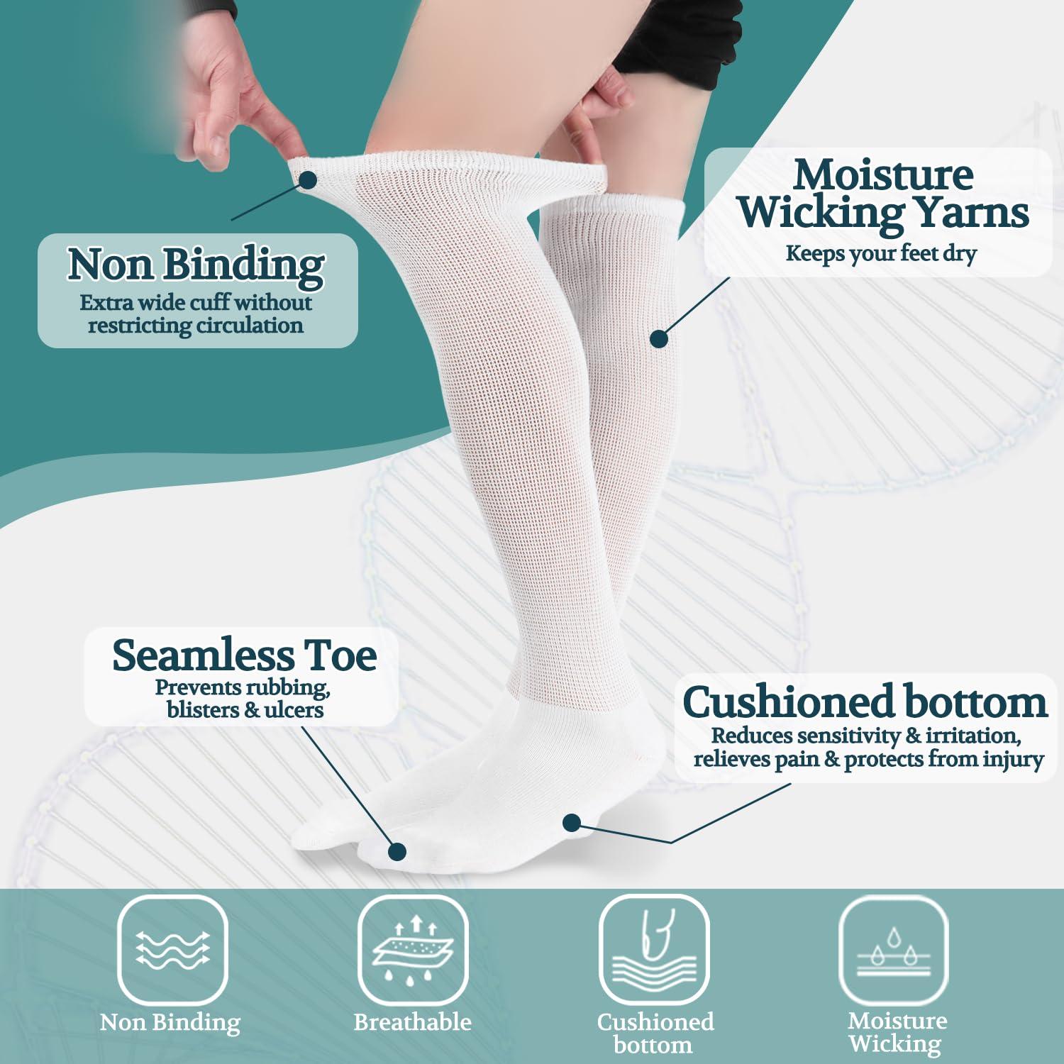 +MD +MD Diabetic Socks for Men and Women, Extra Wide Non-Binding Over the Knee High Calf Circulatory Socks with Cushioned Sole (4 Pairs White,10-13)