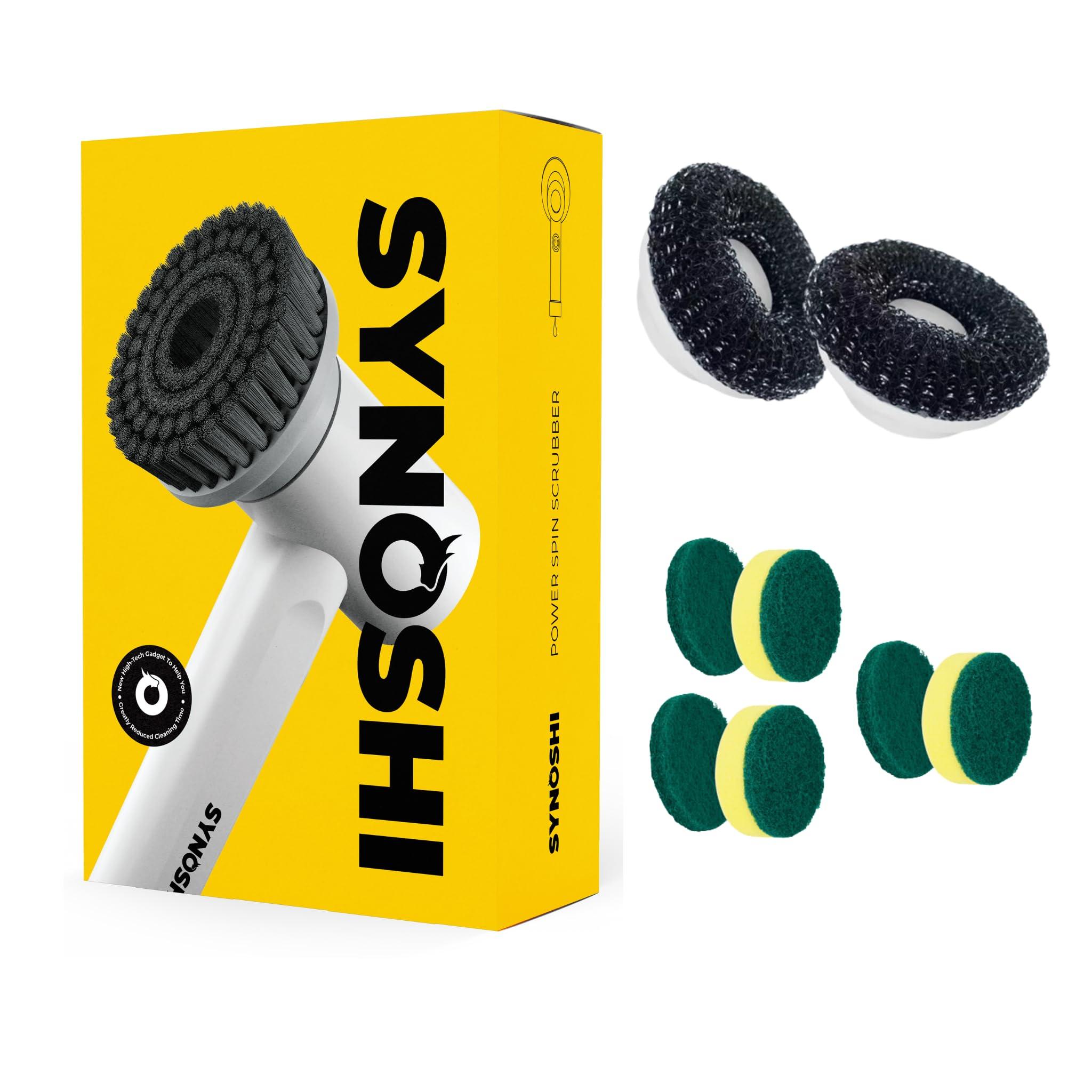 SYNOSHI Kitchen Set | SYNOSHI Electric Spin Scrubber Kit + 6 Sponge Brush Heads + 2 Steel Brush Heads