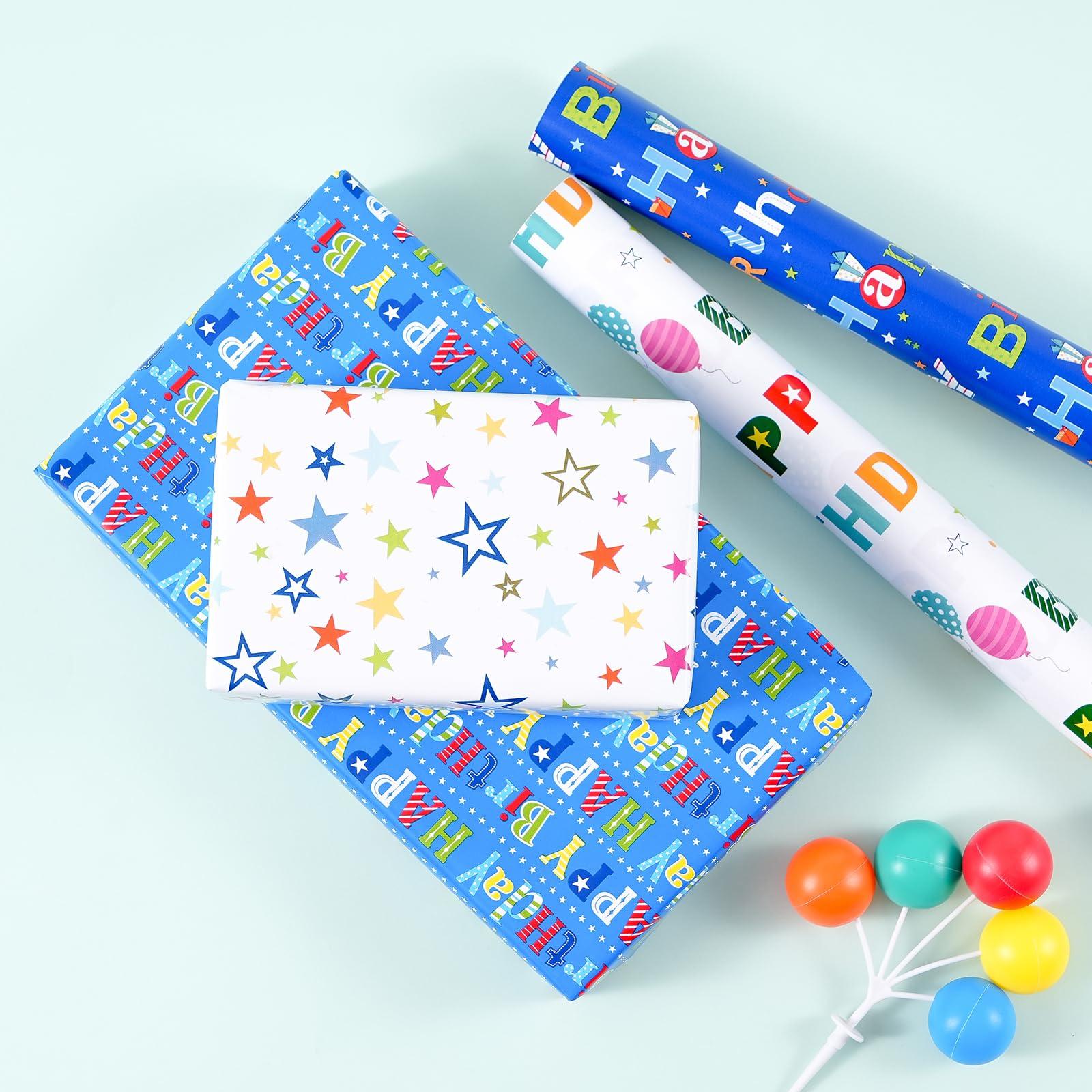 PlandRichW PlandRichW Birthday Wrapping Paper 4 Mini Rolls 17 x 120 for Kids Boys Girls, Colorful Happy Birthday Letters and Stars Design, Gift Wrapping Paper for Women Men Baby Shower Holiday