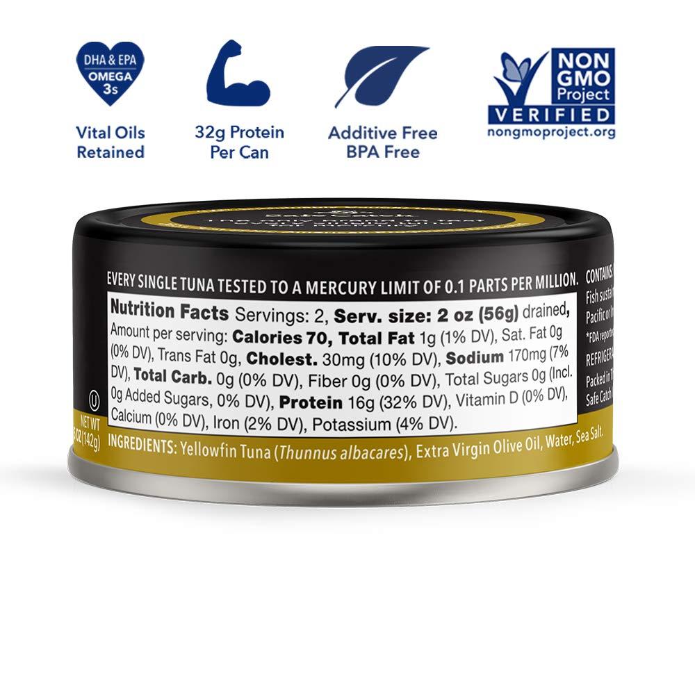 Safe Catch Safe Catch Wild Ahi Yellowfin Tuna Fish Canned, Wild Caught, Lowest Mercury, Lean Protein, Omega 3, Gluten-Free, Kosher, in Extra Virgin Olive Oil, Pack of 6