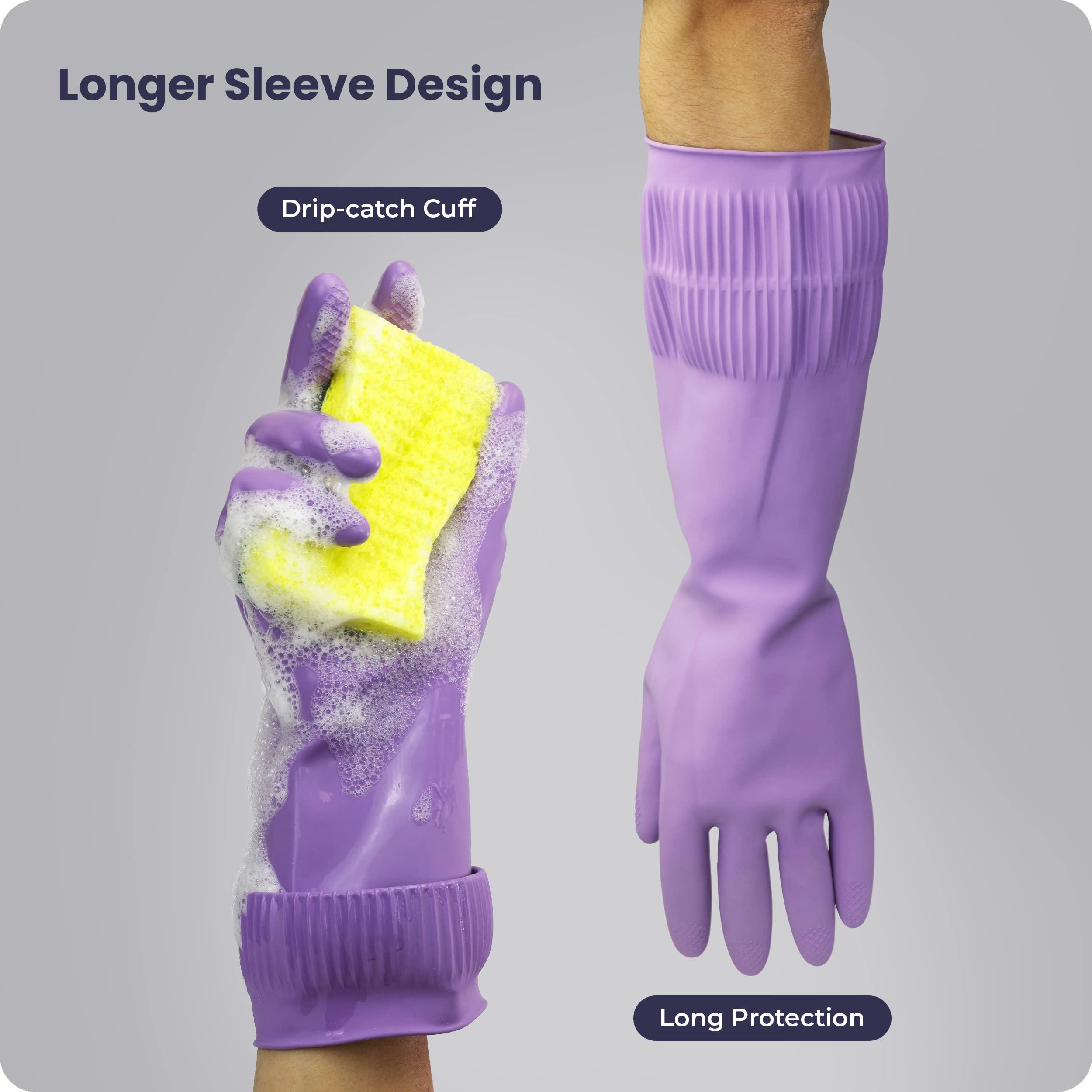 FMP Brands FMP Brands 3 Pairs Extra Long Dishwashing Gloves, 15 Inch Long Rubber Gloves for Washing Dishes, Non-Slip Cleaning Gloves, Latex Dish Gloves for Kitchen, Bathroom, Gardening (Large, Purple)