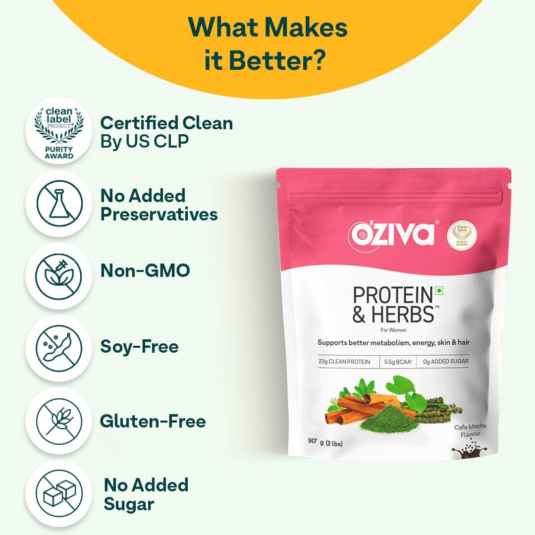OZIVA Oziva Protein & Herbs Whey Protein with Ayurvedic Herbs for Women, Cafe Mocha, 31 Servings, 0g Added Sugar