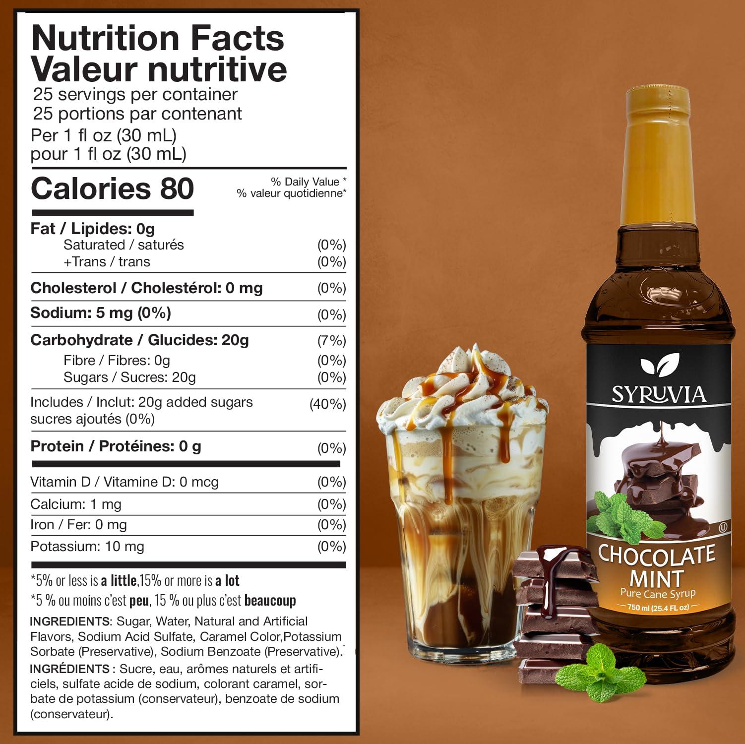 SYRUVIA Syruvia Chocolate Mint Coffee Syrup - 25.4 fl oz Premium Coffee Flavoring Syrup - Kosher Coffee Syrups, Gluten Free, No Coloring, Perfect for Drinks, Soda, Shakes, Desserts, and More.