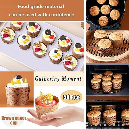 AKOAK AKOAK 50 Pcs Baking Muffin Paper Baking Bups, Brown Kraft Paper Cupcakes, Greaseproof Paper Baking Cups, Suitable for Birthday Parties, Weddings, Graduation Parties, Cupcake Packaging (Square)