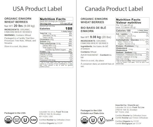 Food to Live Food to Live - Organic Einkorn Wheat Berries, 20 Pounds Non-GMO, Good Source of Protein, Fiber, and Vitamins. Low-glycemic Index. Kosher