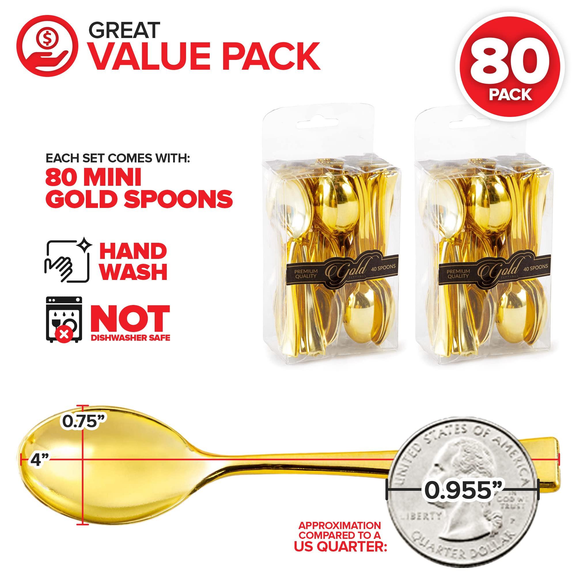 Stock Your Home Gold Plastic Mini Spoons Disposable, 4 inch (80 Pack) Tasting Spoon, Dessert Mini spoon for Ice Cream Taster, Small Sample Desserts, Gelato Sampling, Fancy Miniature Pudding, Little Appetizers, Bulk